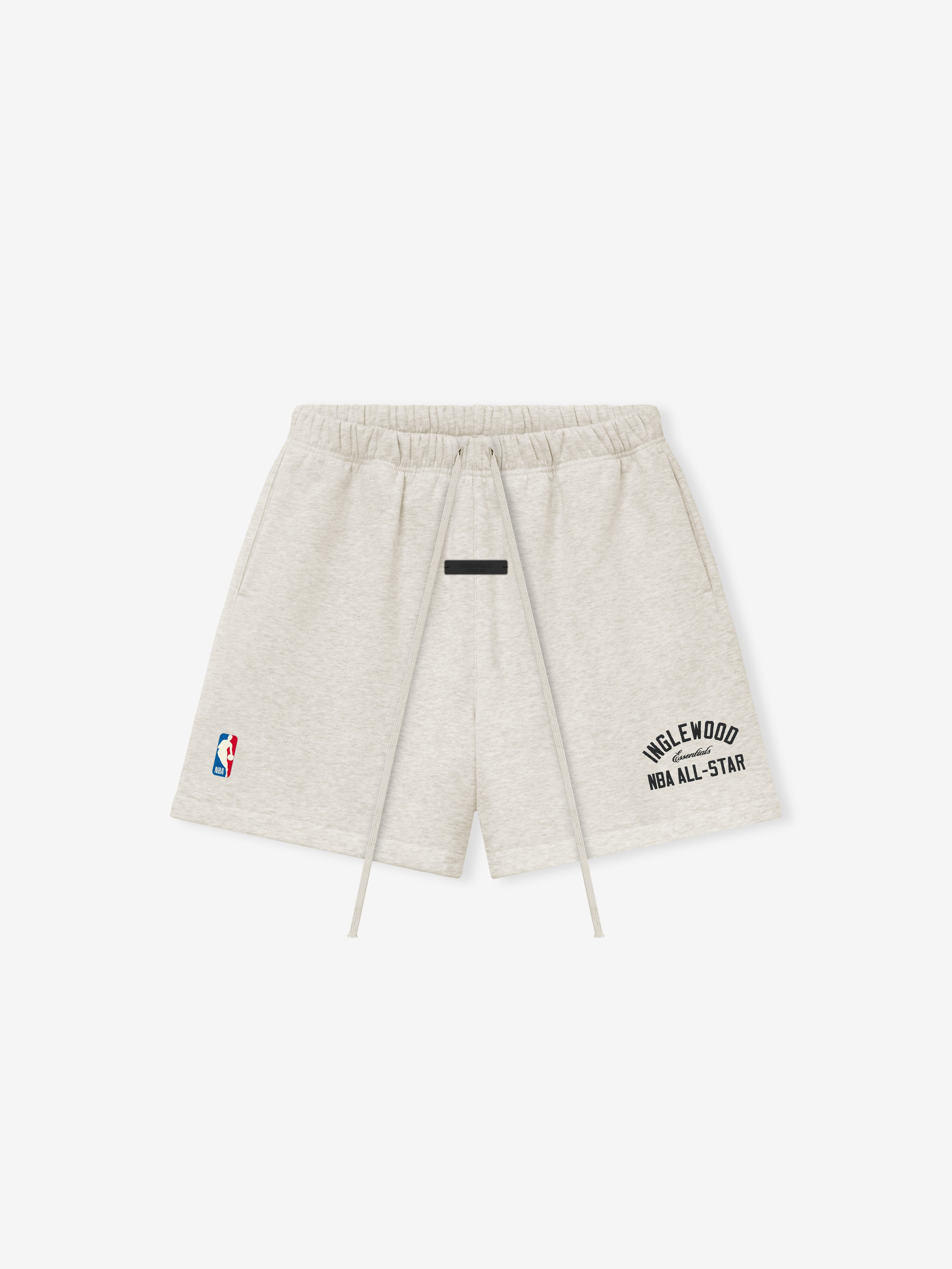 light grey heavyweight cotton fleece shorts with elastic waistband, drawstrings, and puff-printed Inglewood NBA All-Star logo