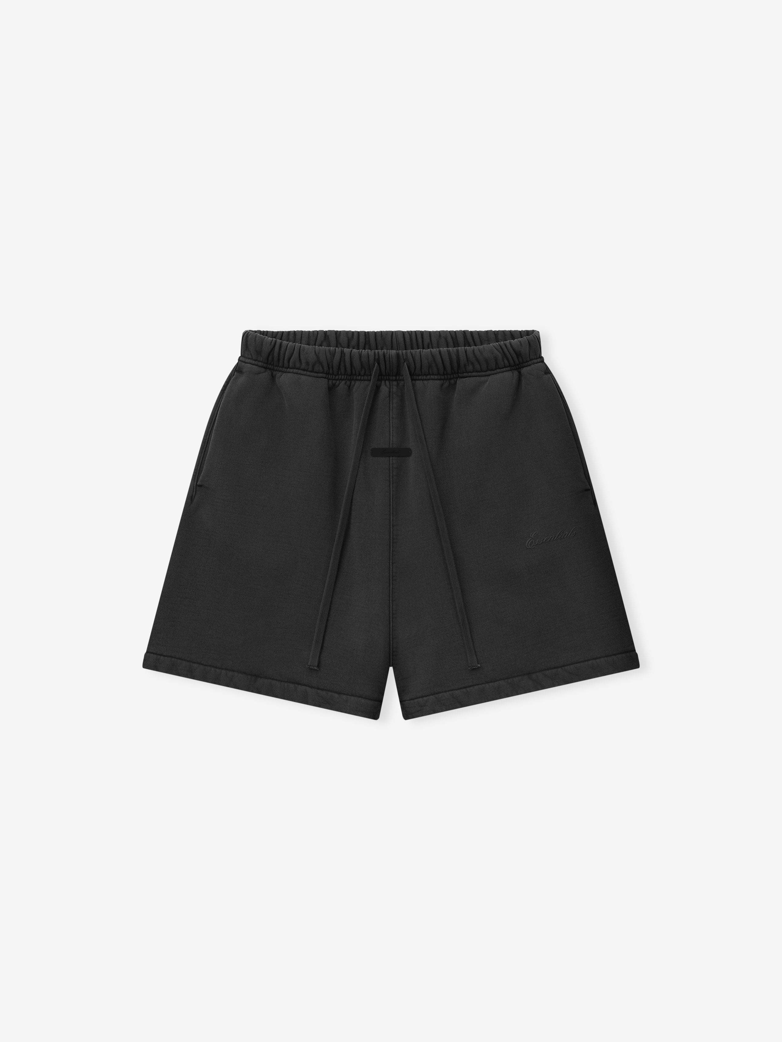 black heavyweight 520GSM cotton fleece shorts with elastic waistband, drawstrings, relaxed fit, and minimal logo detailing on leg