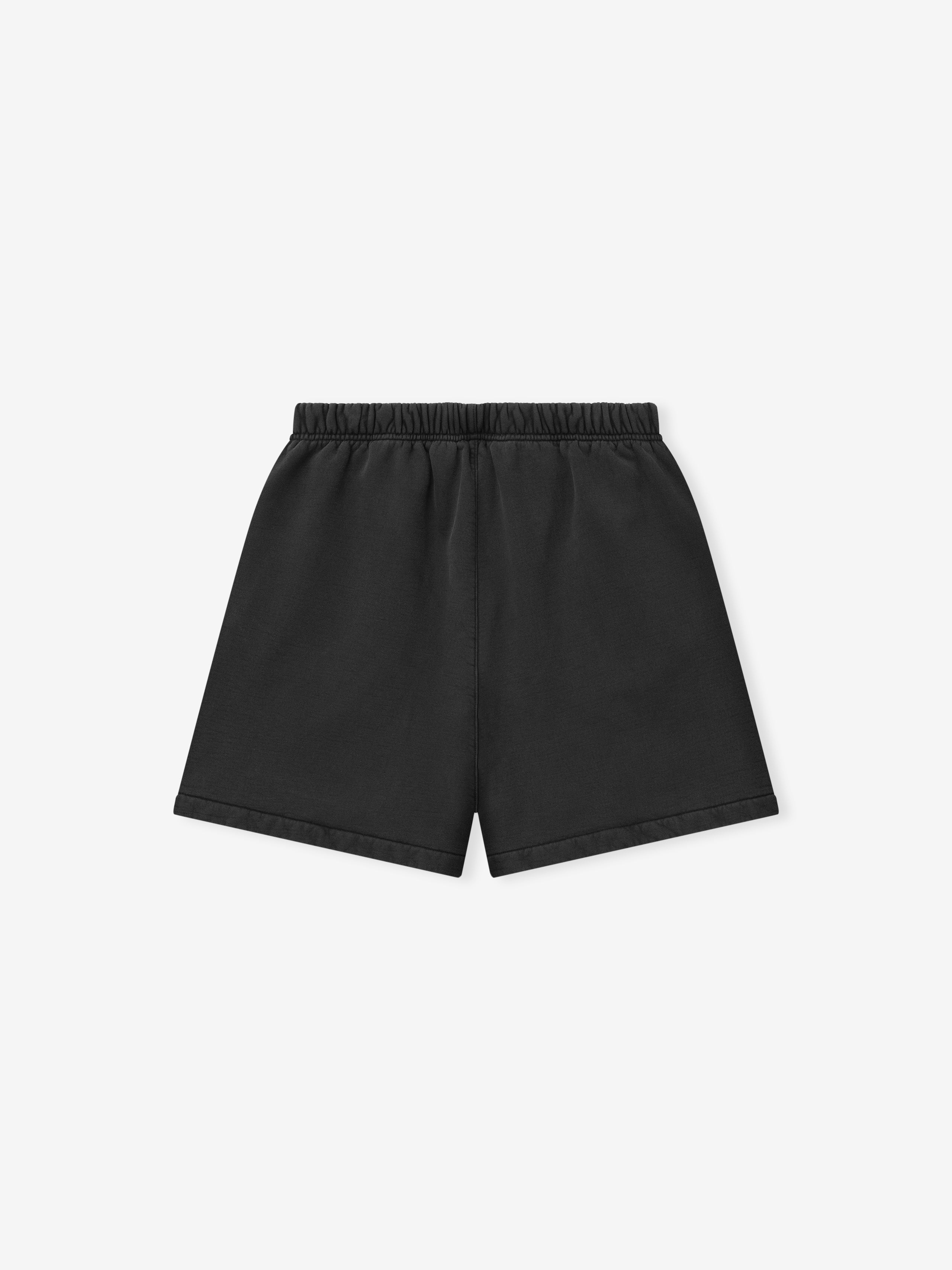 black heavyweight cotton fleece shorts with relaxed fit and elastic waistband, featuring embroidered logo on the leg