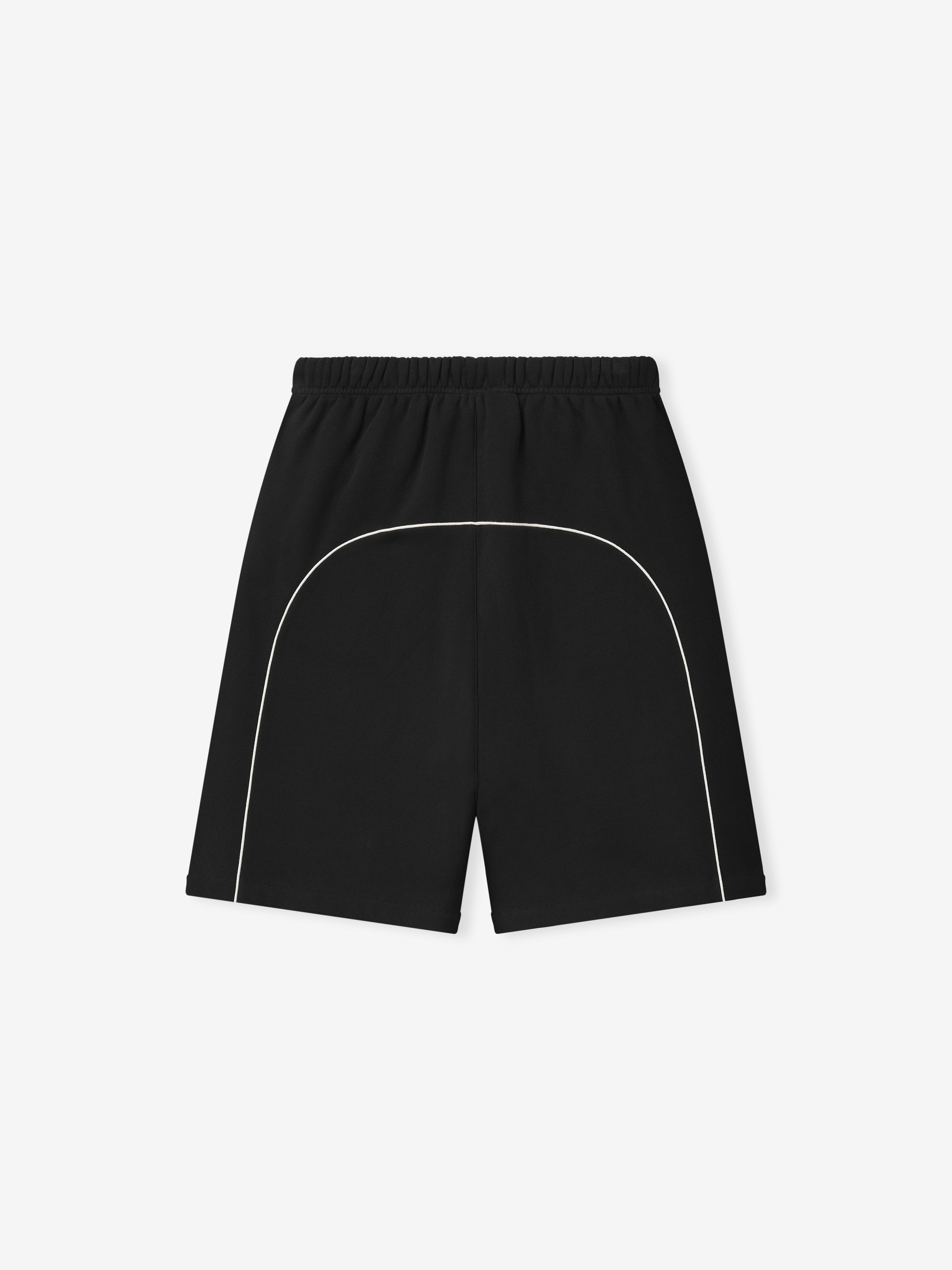 Black shorts with white piping on a light gray background