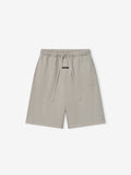 Grey shorts with a drawstring on a white background