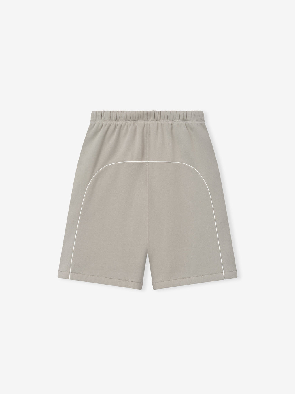 Grey shorts with white piping on a light gray background
