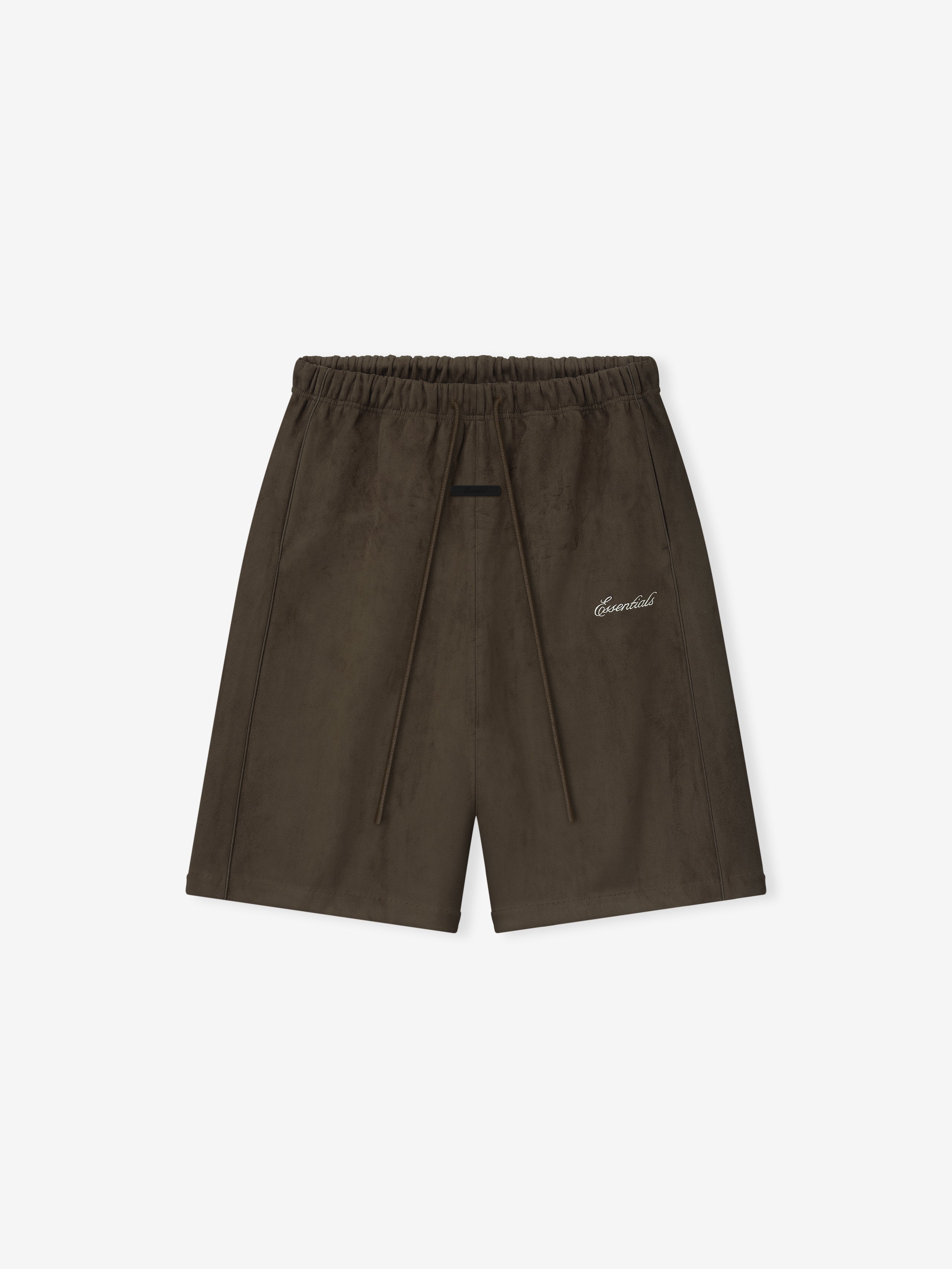 Dark brown shorts with elastic waistband, long drawstrings, and small white cursive embroidered text on front right side