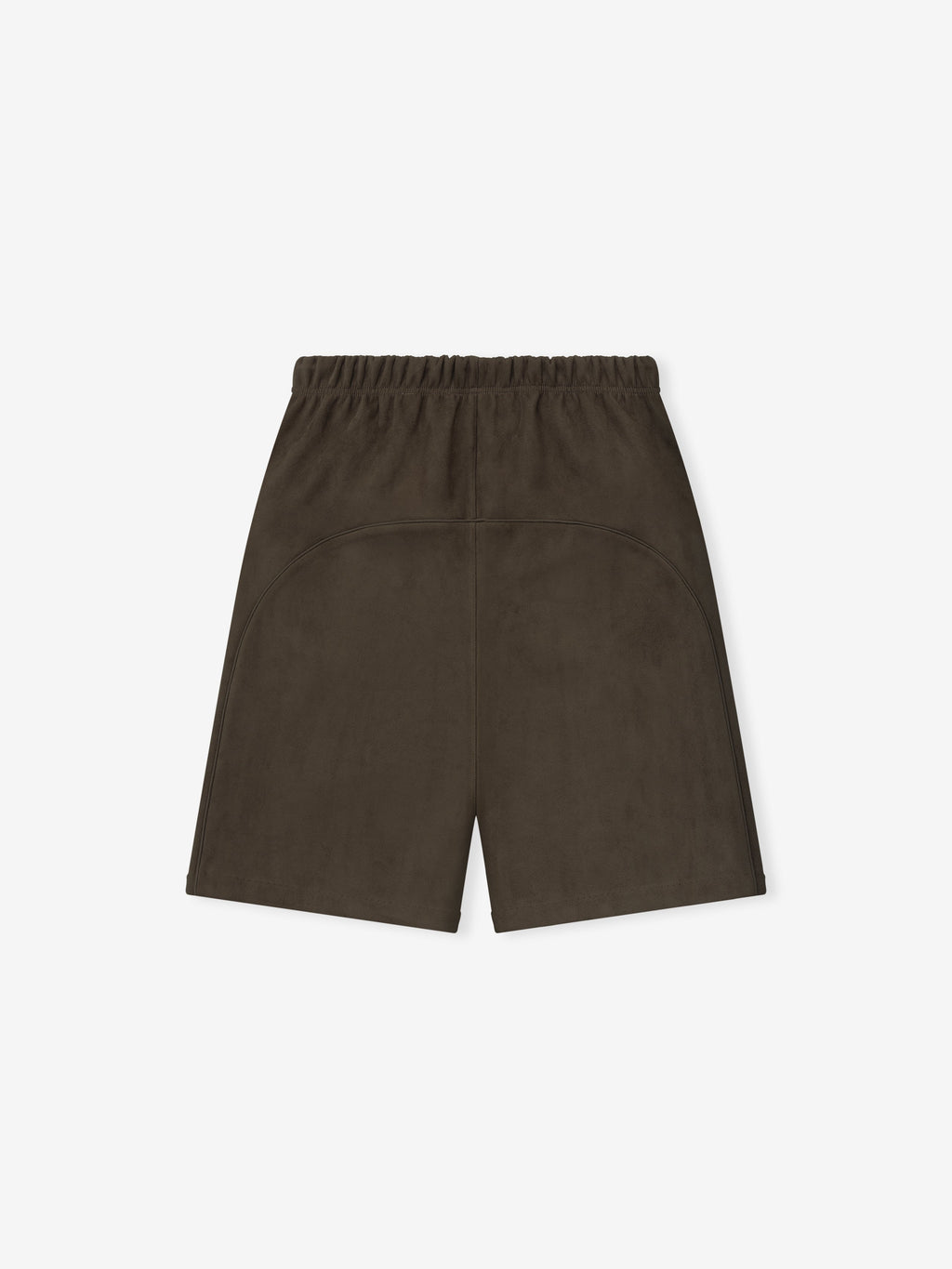Dark olive shorts with elastic waistband and curved seam detail on the back, laid flat on a white background