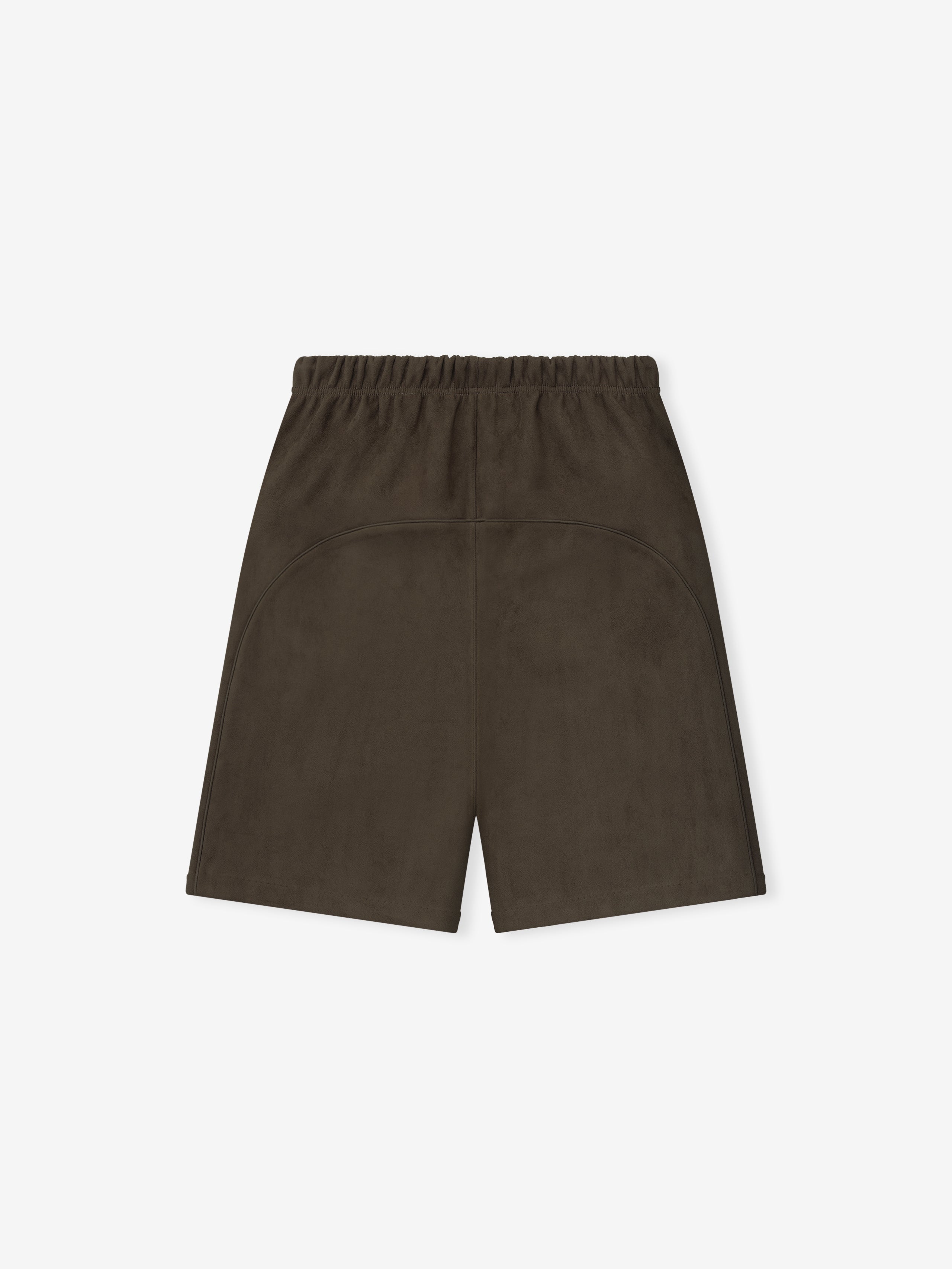 Dark olive shorts with elastic waistband and curved seam detail on the back, laid flat on a white background