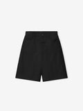 black textured nylon 5-pocket shorts with straight leg, antique brass hardware, and Essentials branded black bar detail