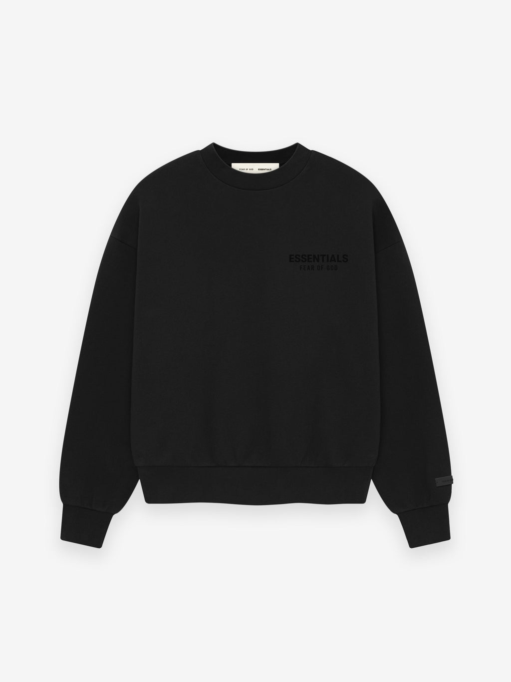 Essentials Classic Crewneck Sweatshirt -Chest Graphic in black fleece with a relaxed fit, featuring subtle monochrome chest branding and ribbed cuffs and hem for everyday wear.
