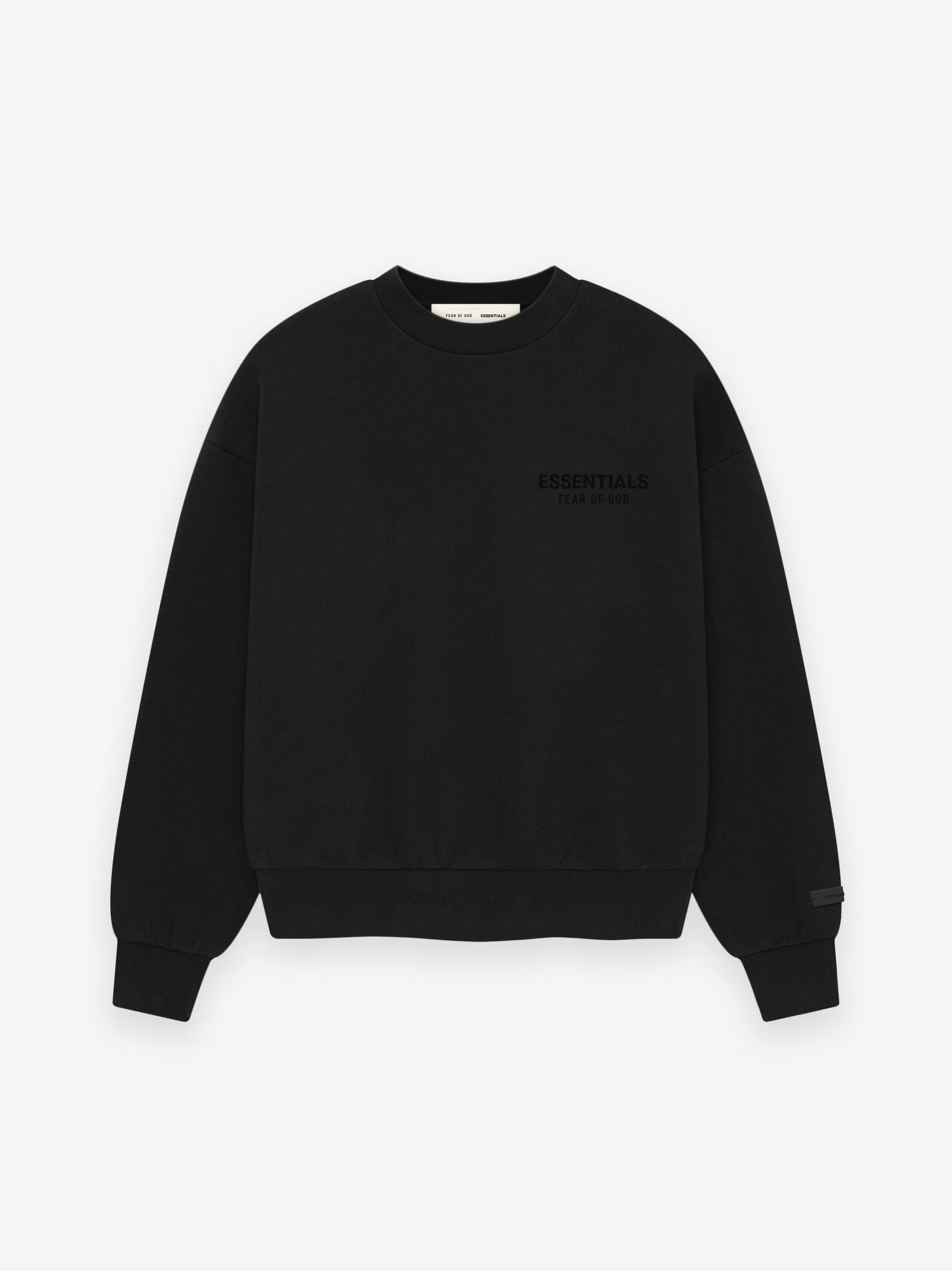 Essentials Classic Crewneck Sweatshirt -Chest Graphic in black fleece with a relaxed fit, featuring subtle monochrome chest branding and ribbed cuffs and hem for everyday wear.