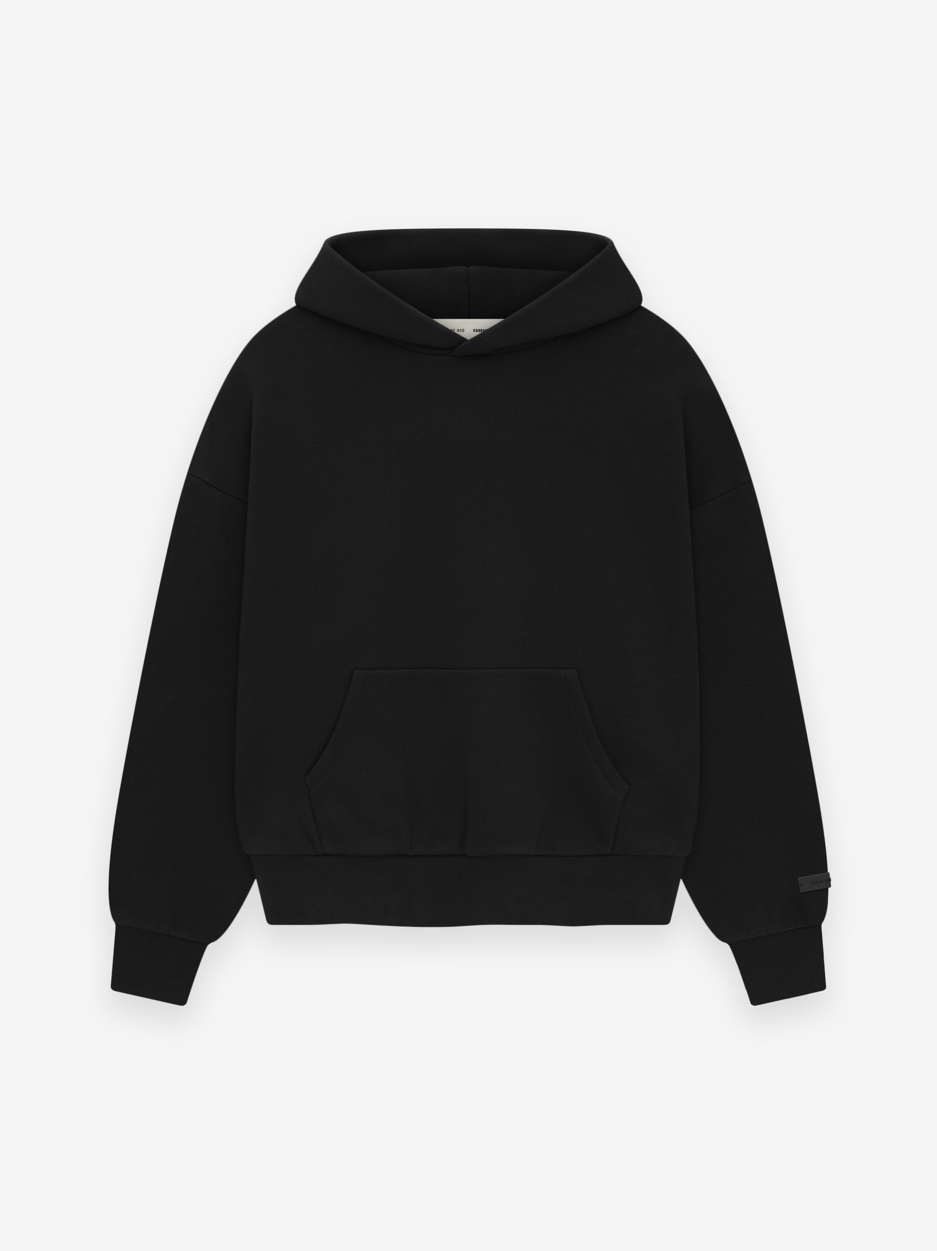 front view of black heavy fleece hoodie with kangaroo pocket and ribbed cuffs and hem