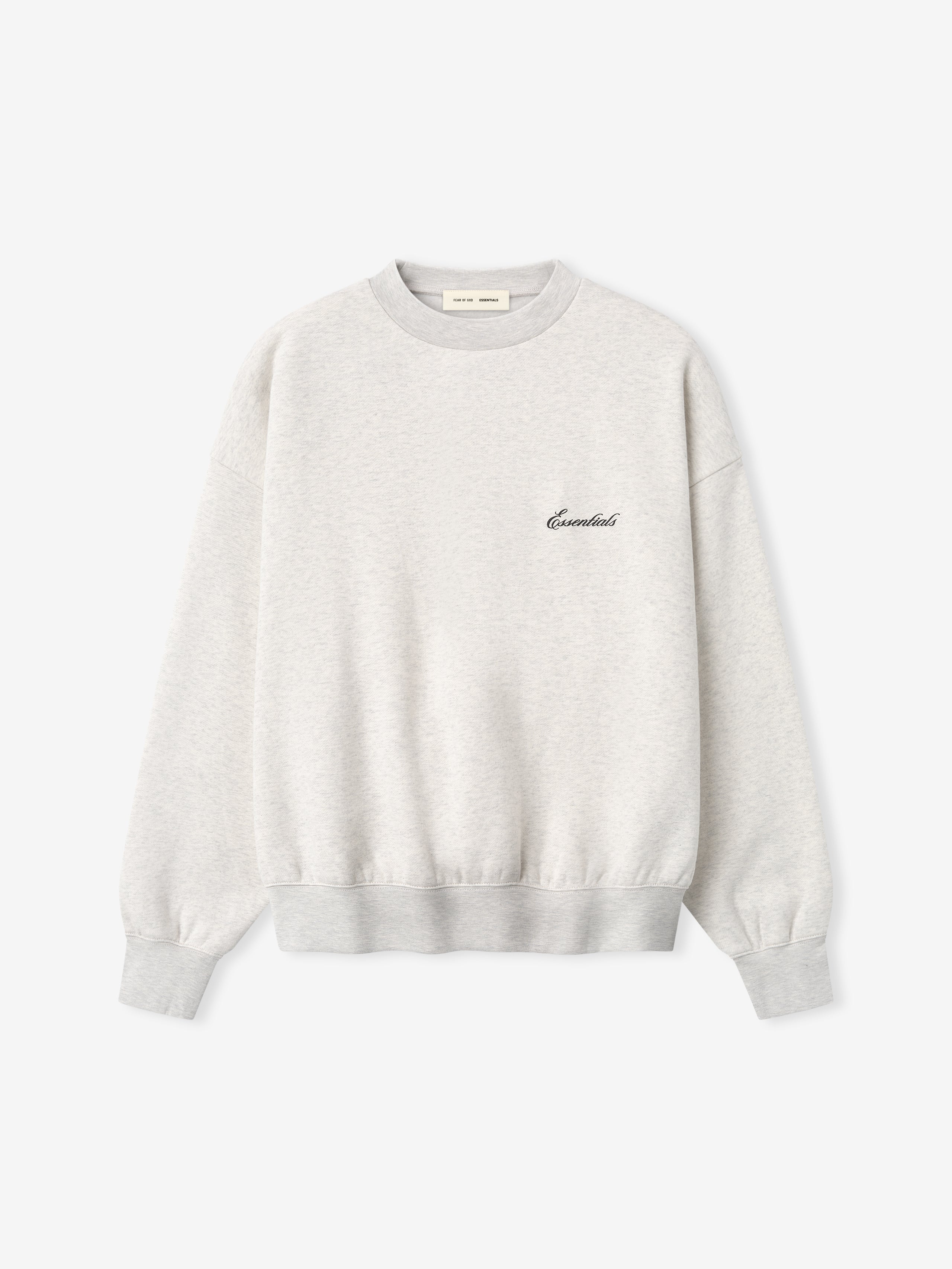 light grey crewneck sweatshirt with rib-knit cuffs and small embroidered Essentials logo on chest