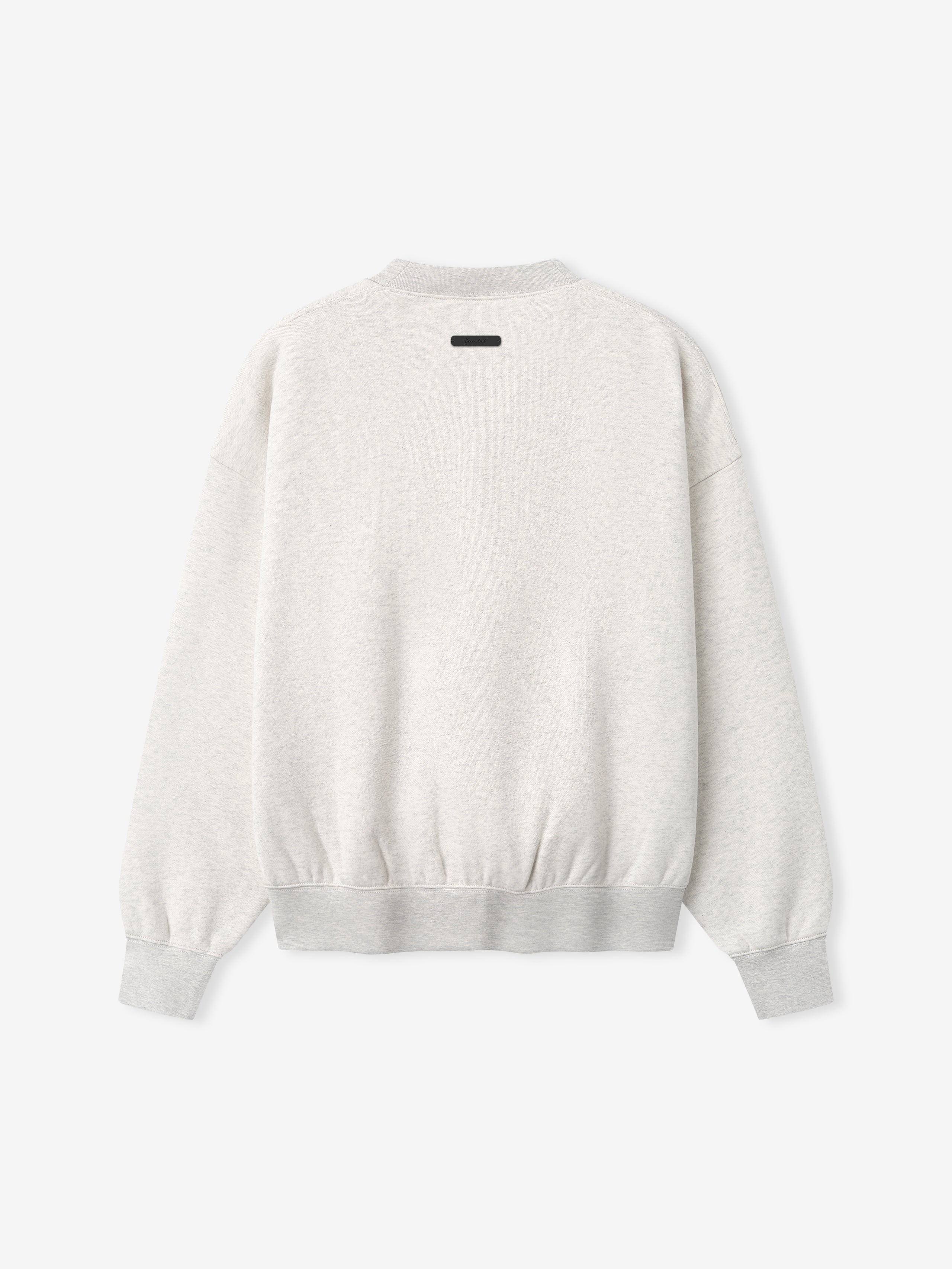 back view of light grey classic crewneck sweatshirt with rib-knit cuffs and waistband
