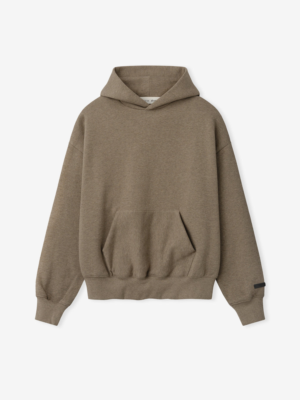 front view of brown heavyweight fleece hoodie with kangaroo pocket and ribbed cuffs and hem