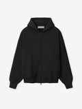 black zip-up hoodie with hood and ribbed cuffs and waistband in minimalist design