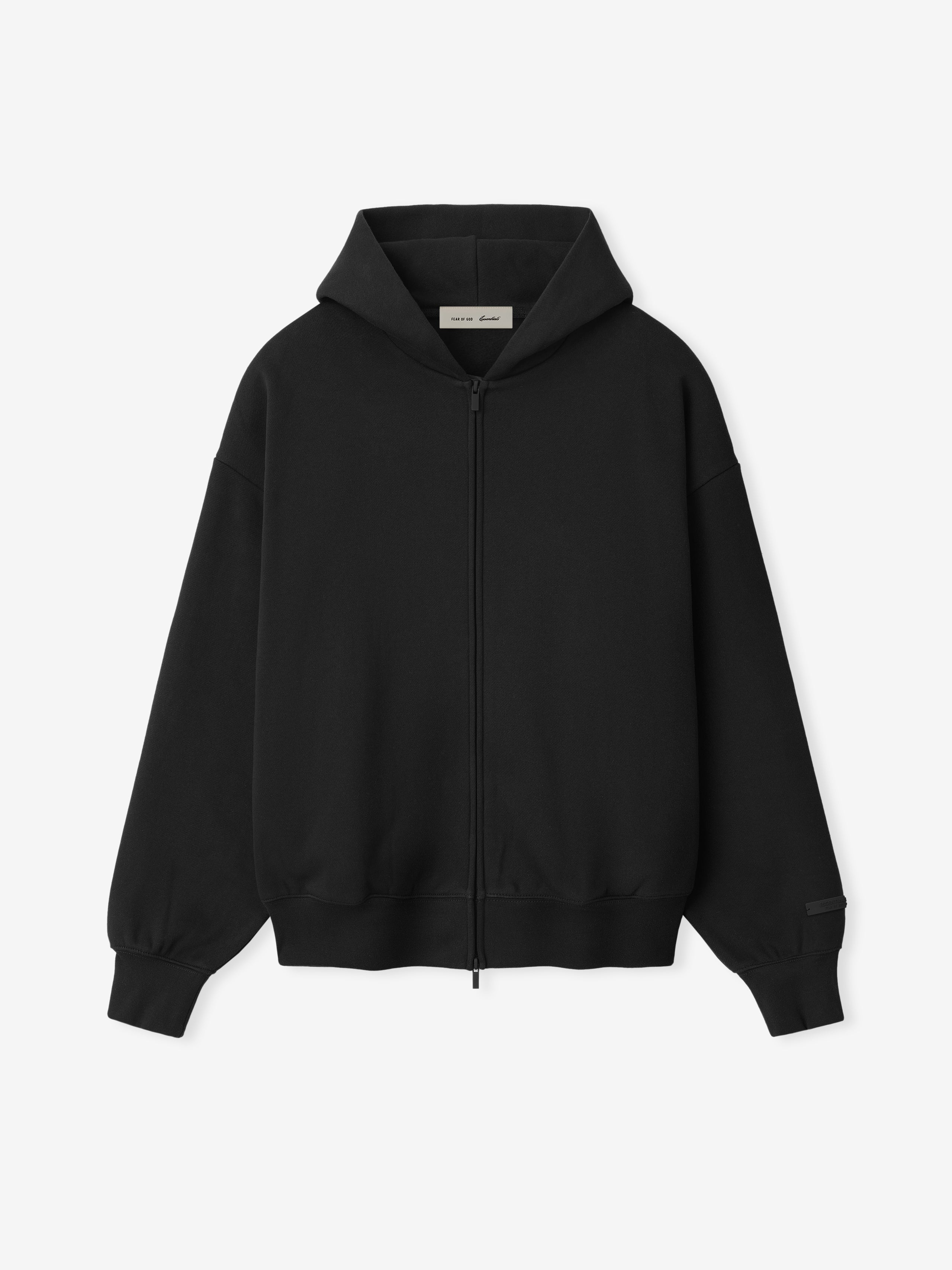 black zip-up hoodie with hood and ribbed cuffs and waistband in minimalist design