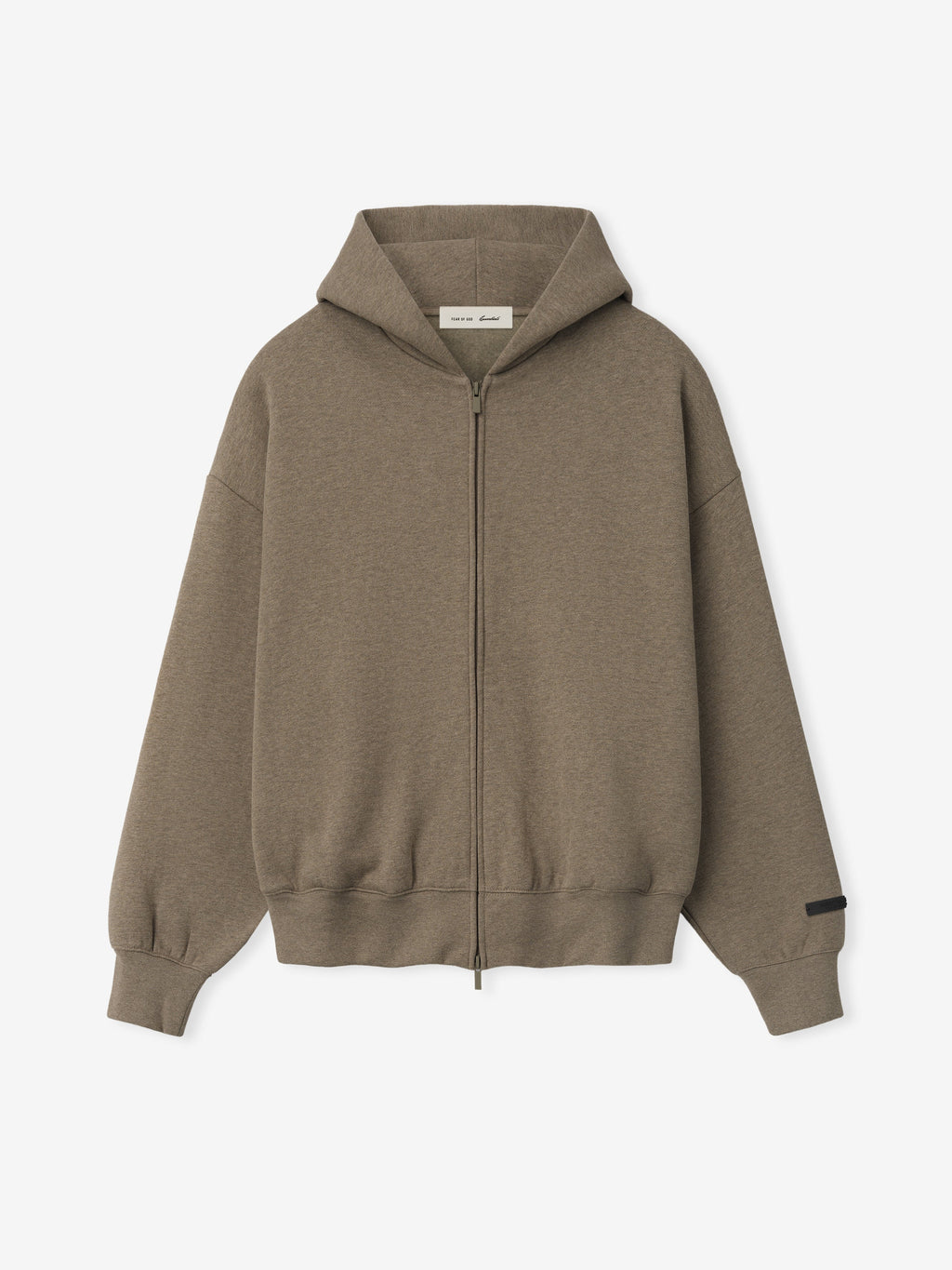 taupe zip-up hoodie with hood and ribbed cuffs and hem in relaxed modern fit design