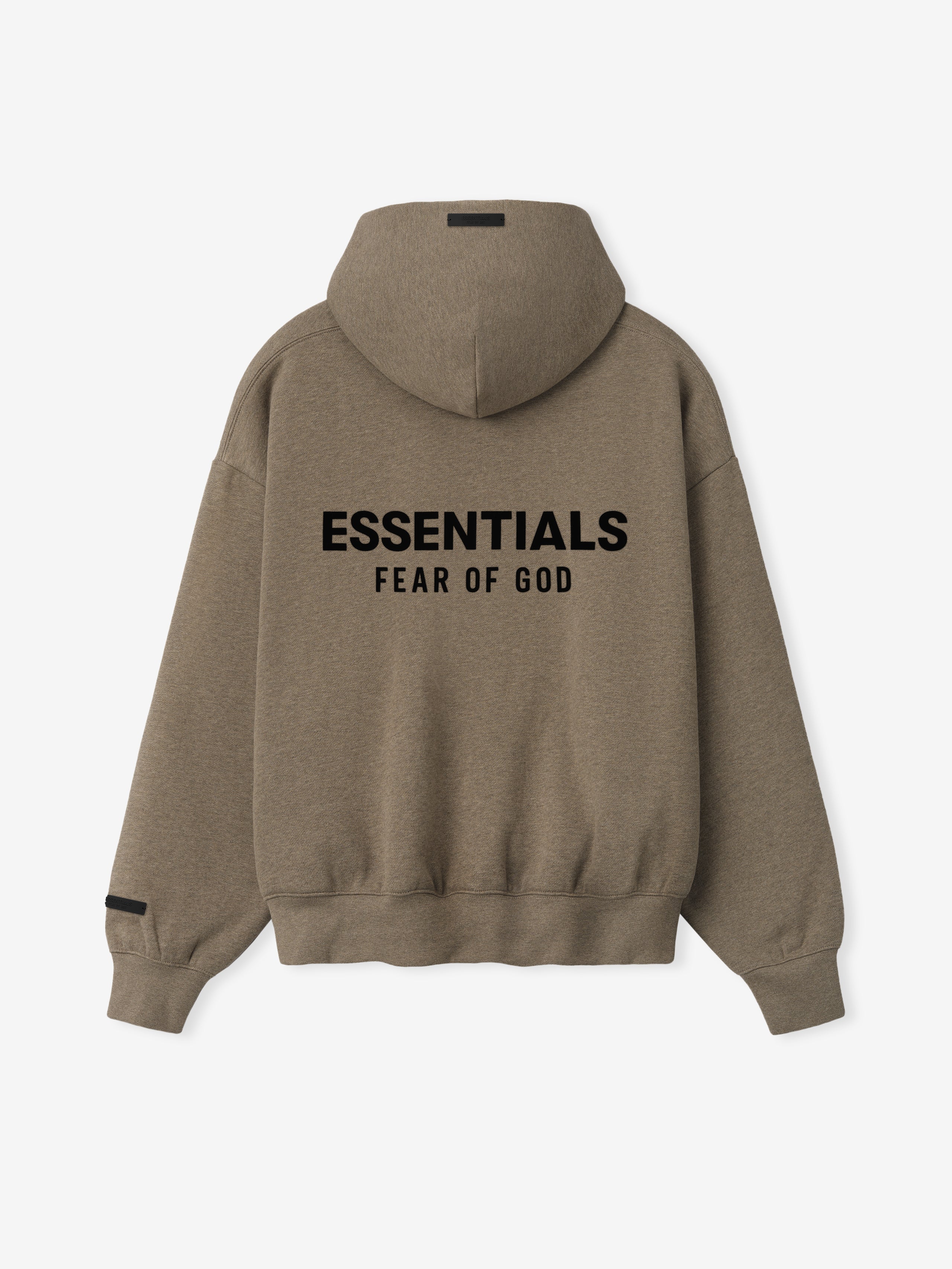 back view of taupe zip-up hoodie with hood and bold black Essentials Fear of God logo printed on fabric