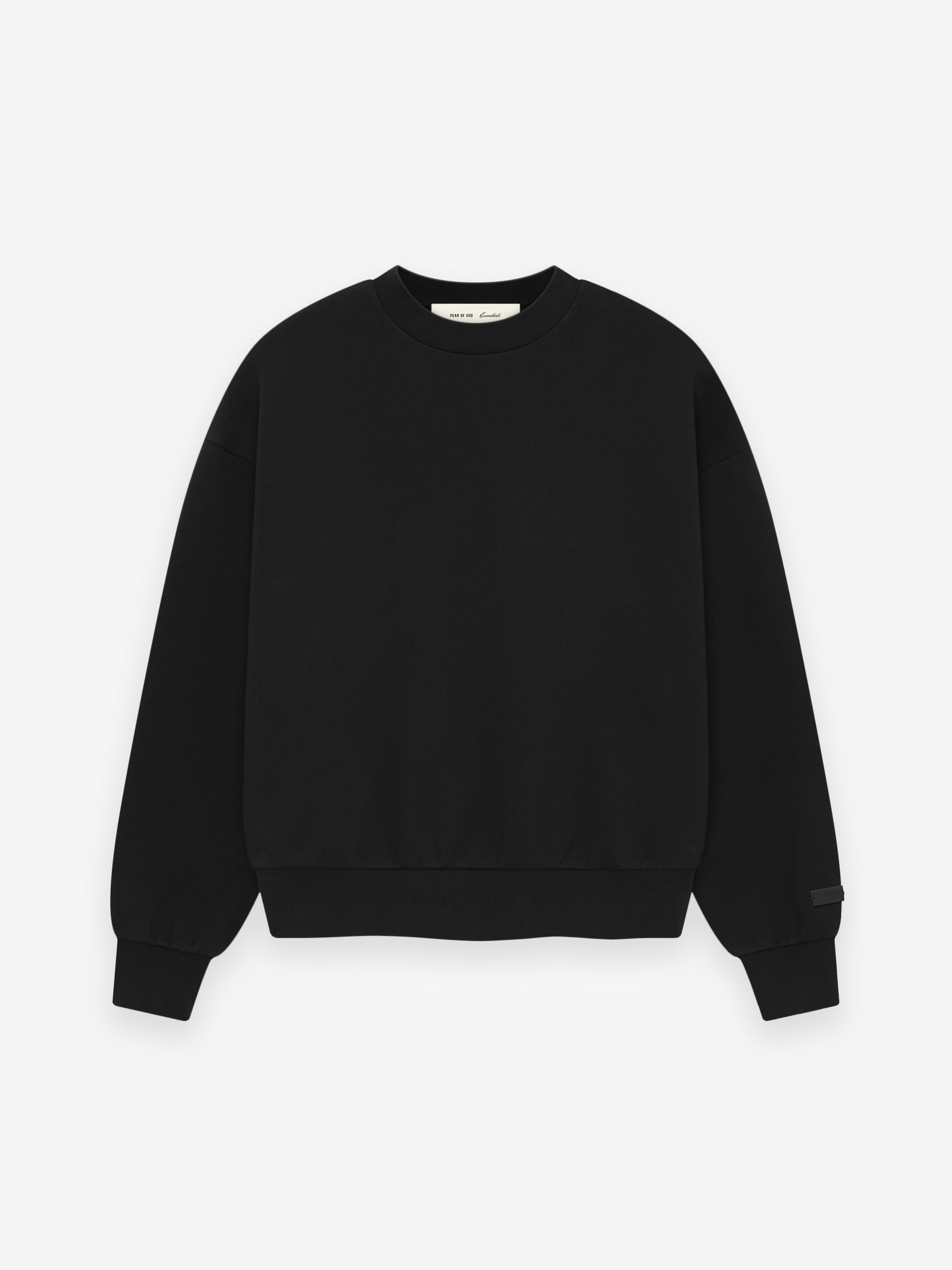 black crewneck sweatshirt in heavy fleece with ribbed cuffs and hem, minimalist design without visible branding on front