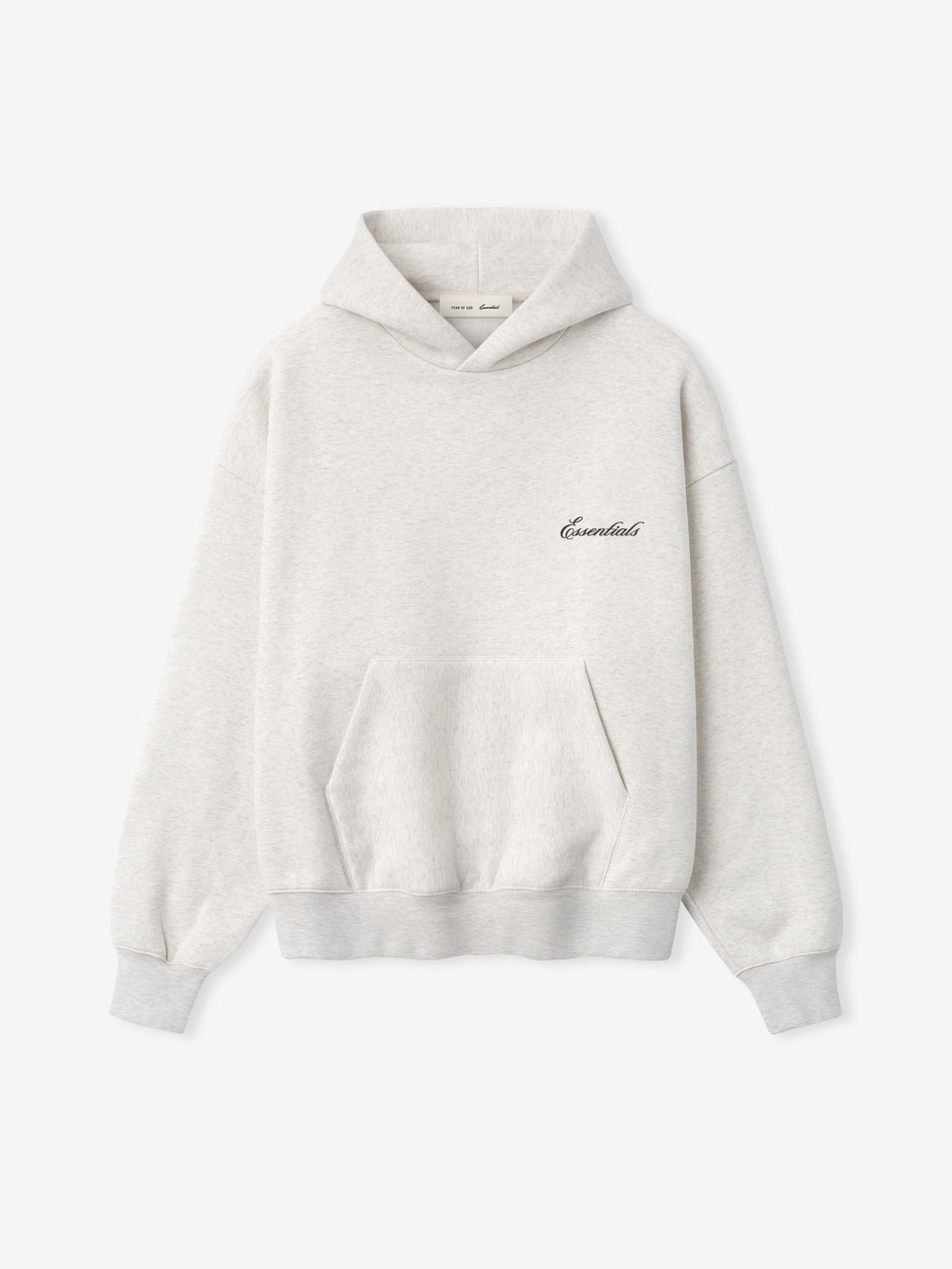 light grey heavyweight hoodie with puff-printed Essentials script logo on chest and front kangaroo pocket