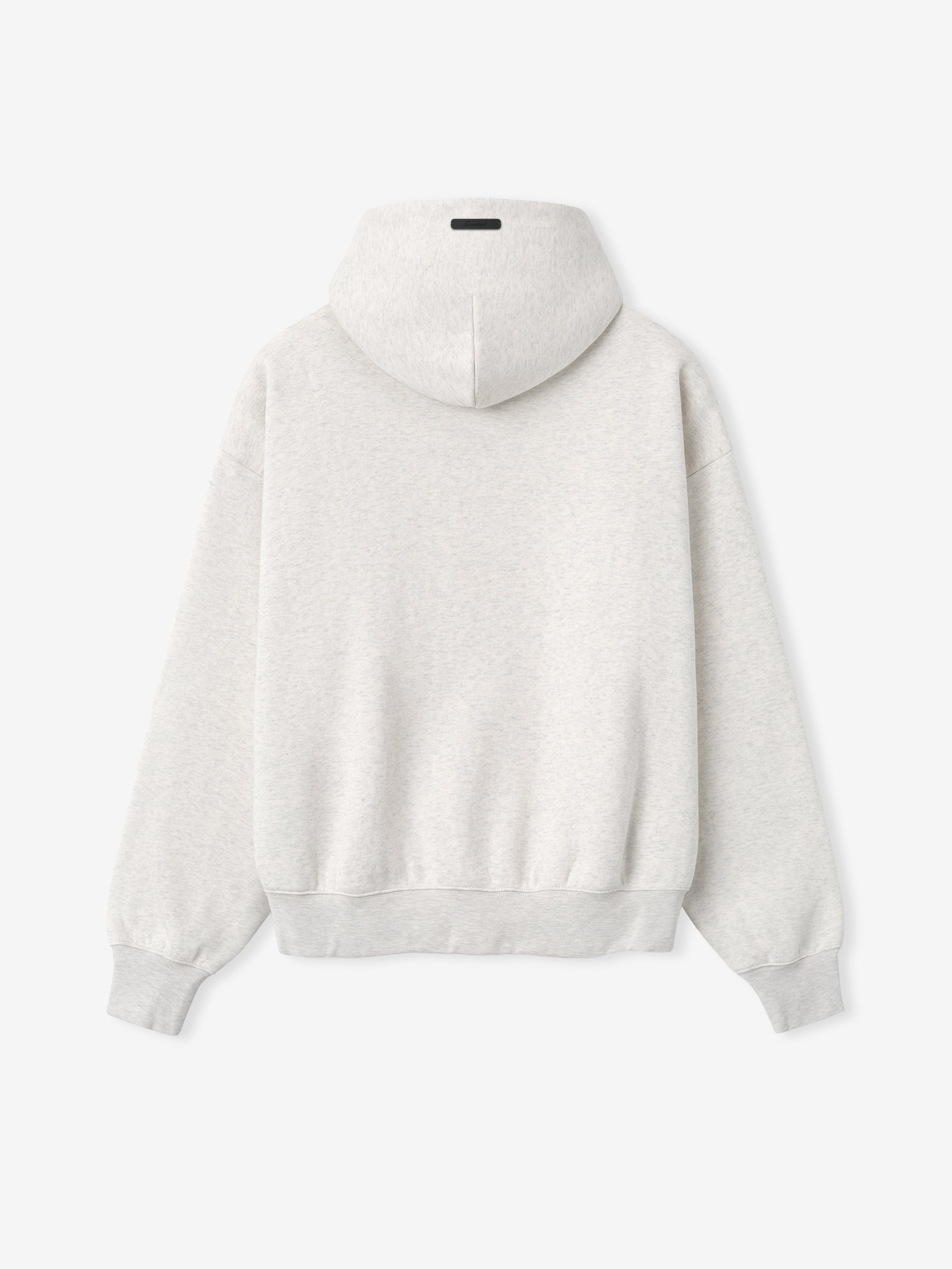 back view of light grey hoodie with hood and ribbed cuffs and hem in relaxed classic fit design