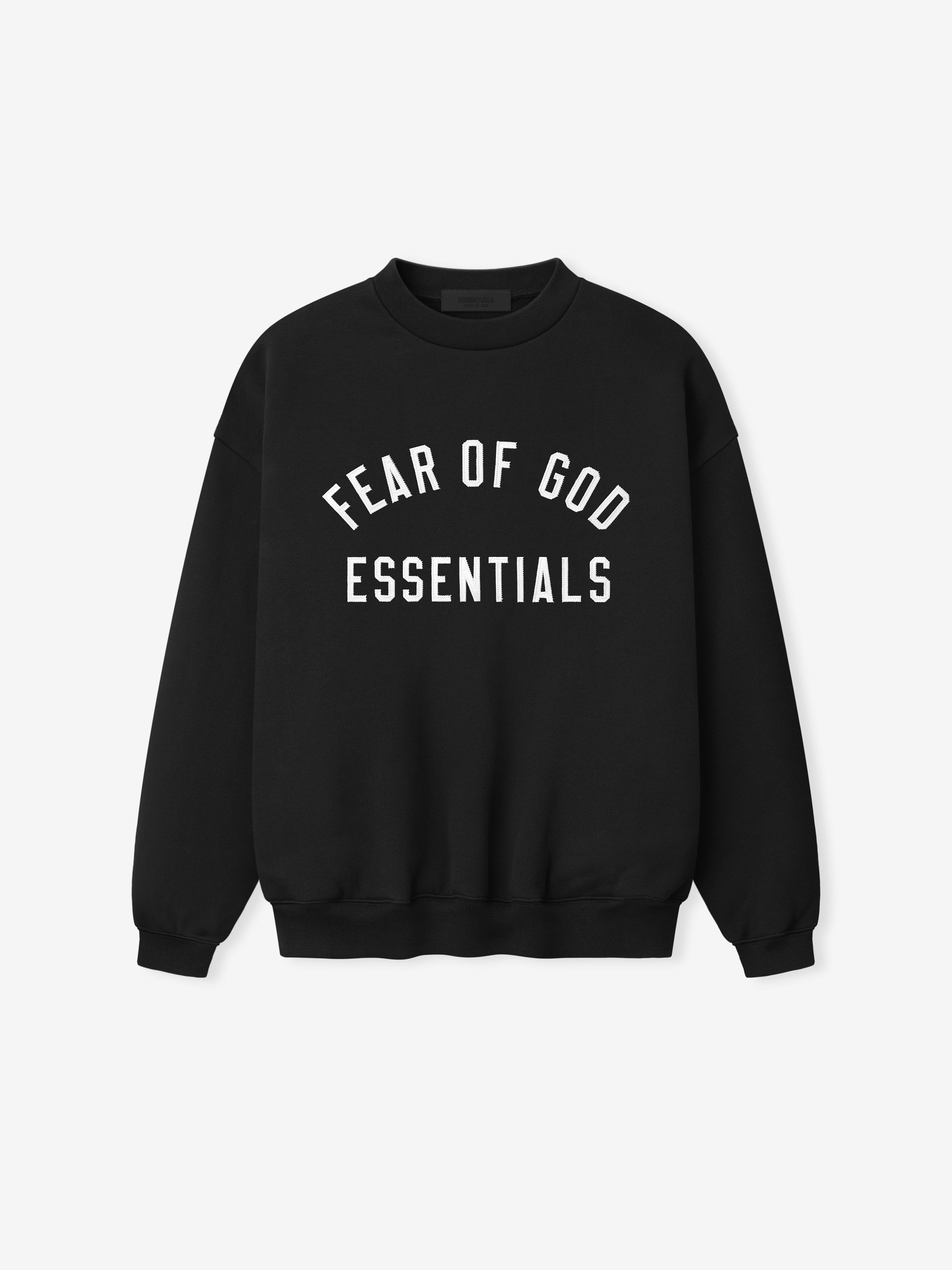 black crewneck sweatshirt with white Fear of God Essentials logo printed on front in classic varsity style