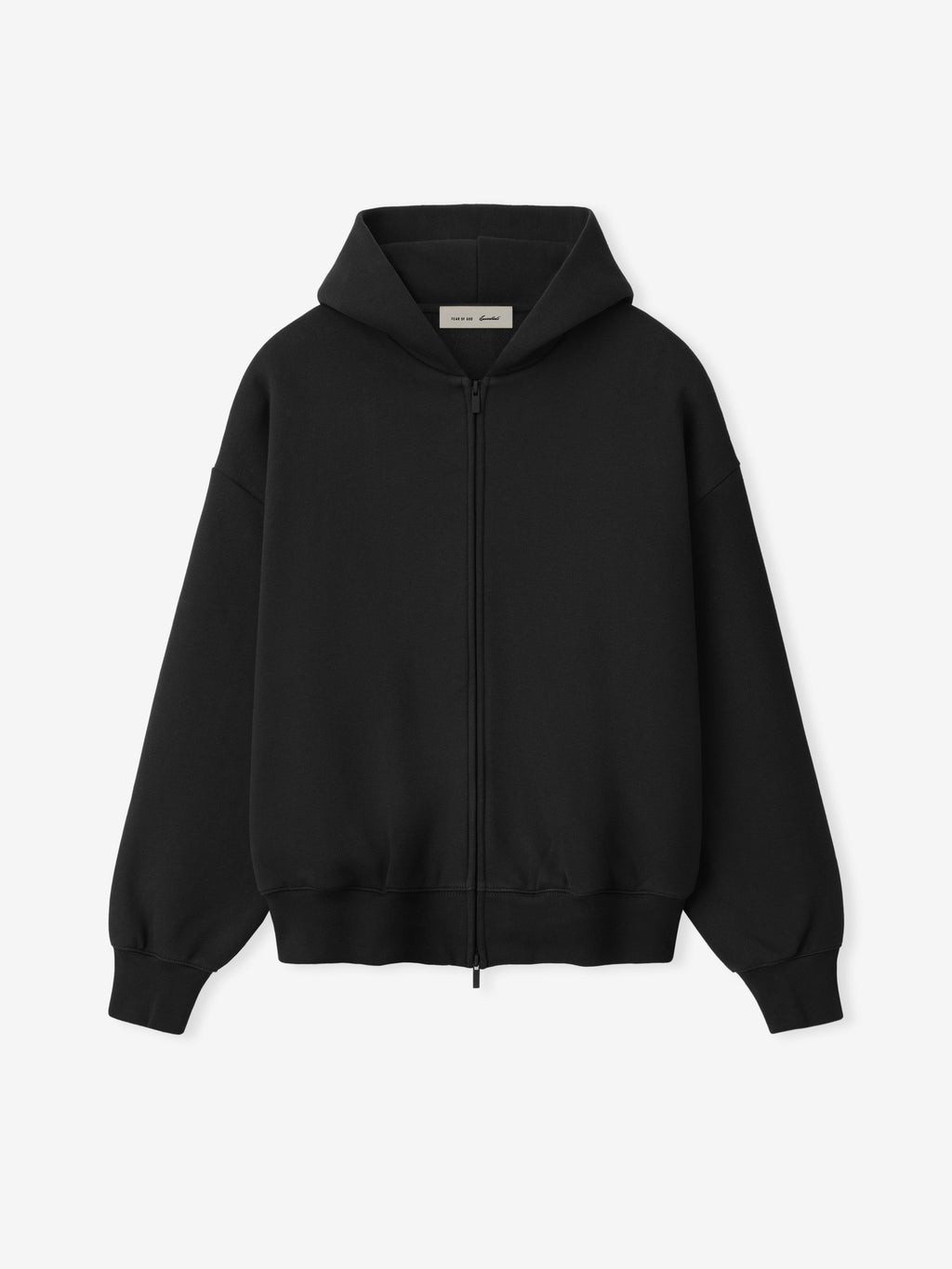 Front view of plain black zip-up hoodie with hood, ribbed cuffs, and waistband on a white background