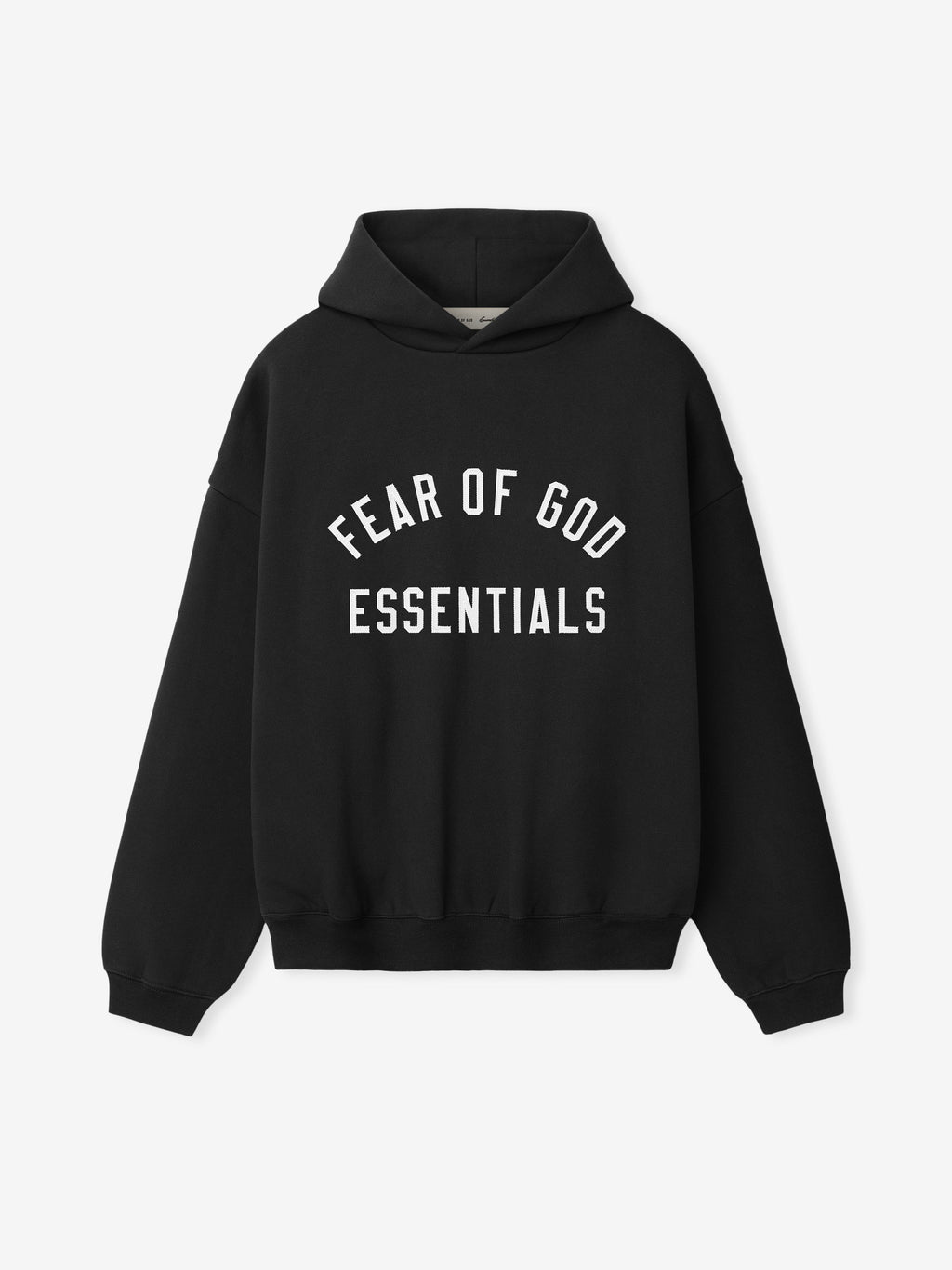 Black hoodie with 'Fear of God Essentials' text on a white background
