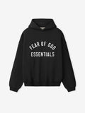 Black hoodie with 'Fear of God Essentials' text on a white background