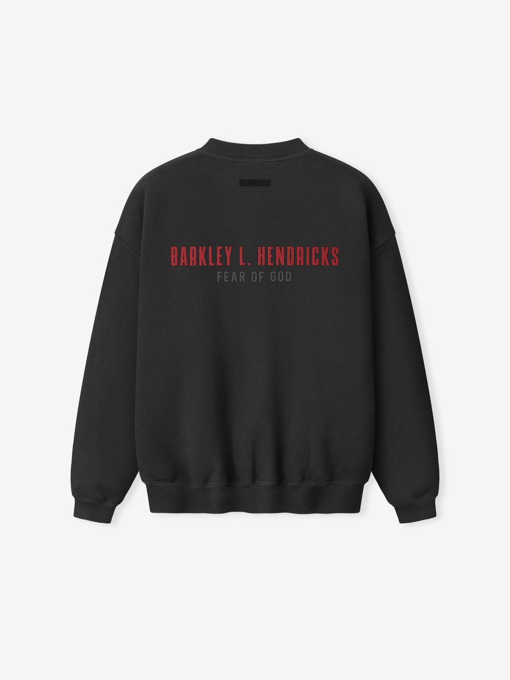 black heavyweight crewneck sweatshirt with red Barkley L. Hendricks text and subtle Fear of God branding on back