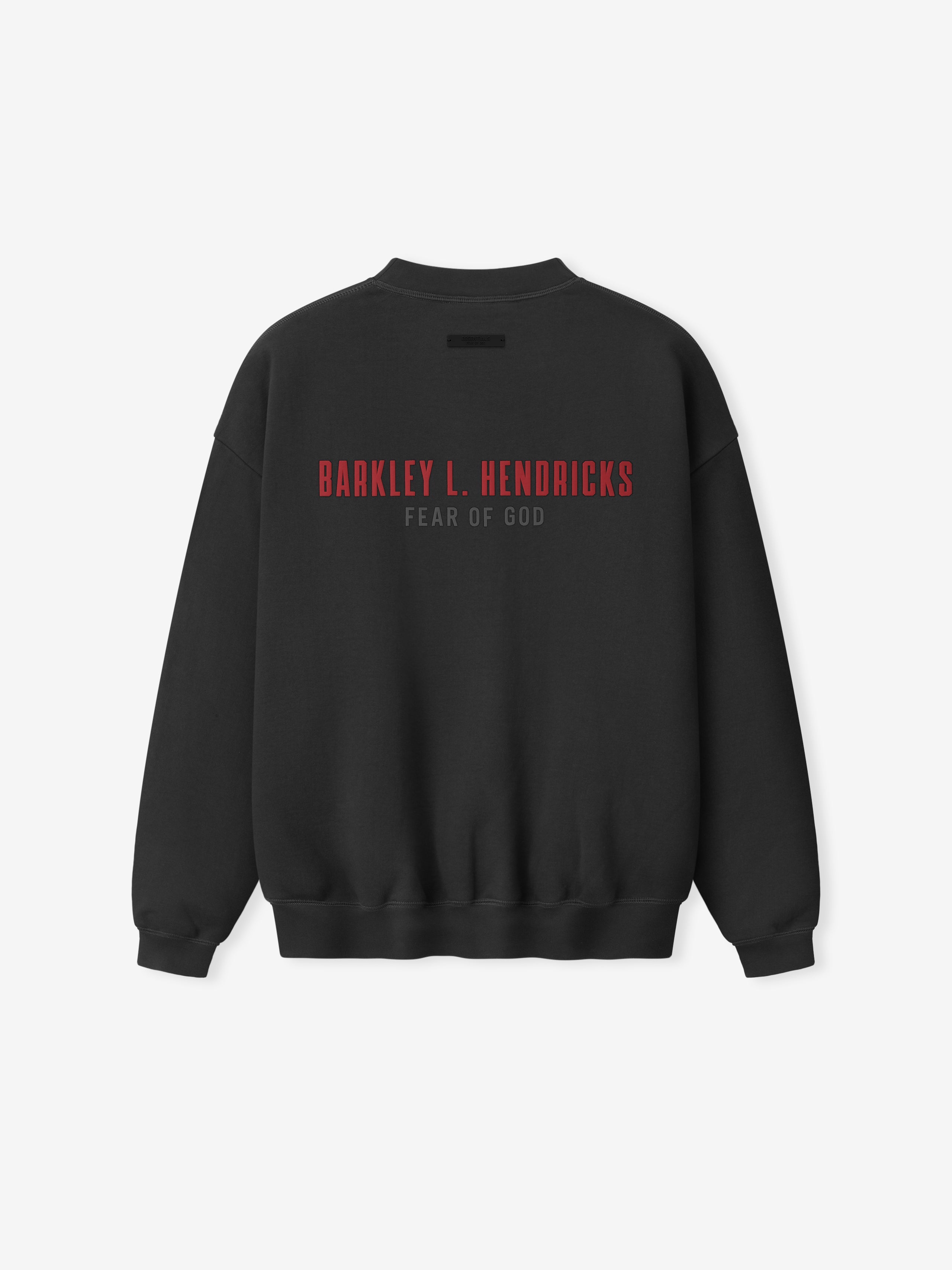 black heavyweight crewneck sweatshirt with red Barkley L. Hendricks text and subtle Fear of God branding on back