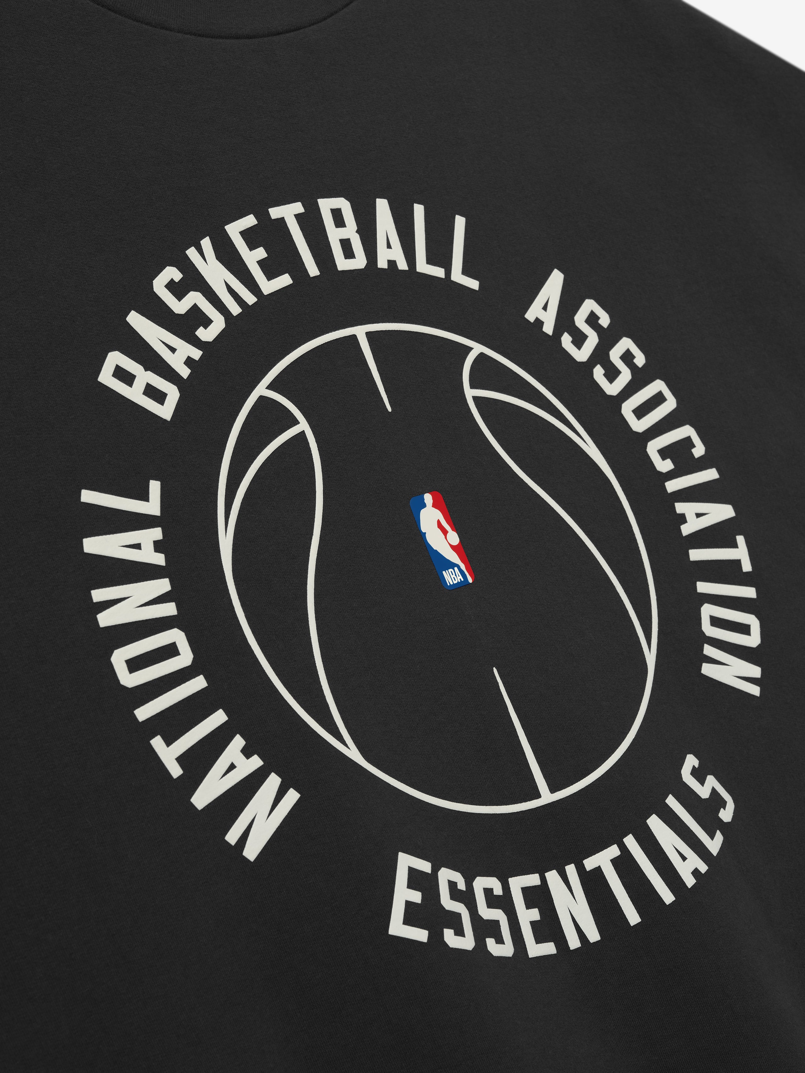 black crewneck with large circular basketball graphic and NATIONAL BASKETBALL ASSOCIATION ESSENTIALS text on front