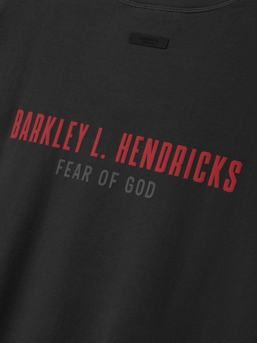 black crewneck sweatshirt with red Barkley L. Hendricks text and gray Fear of God logo printed on front