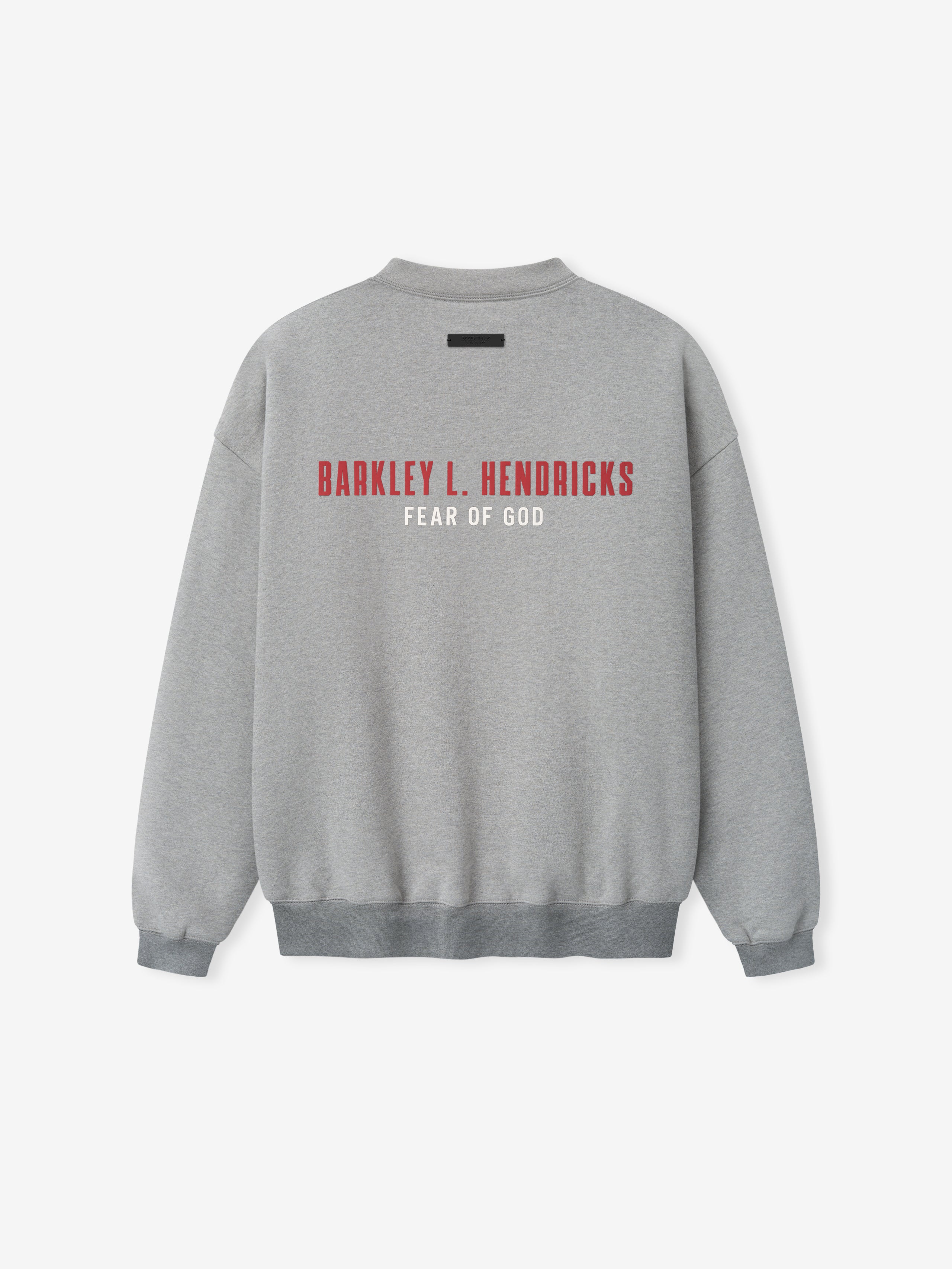 light grey heavyweight crewneck sweatshirt with red Barkley L. Hendricks and white Fear of God text on back
