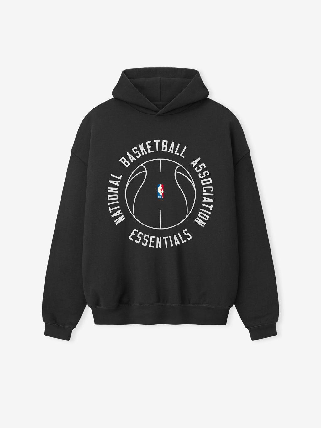 black heavyweight hoodie with white outlined basketball and circular National Basketball Association Essentials text on front