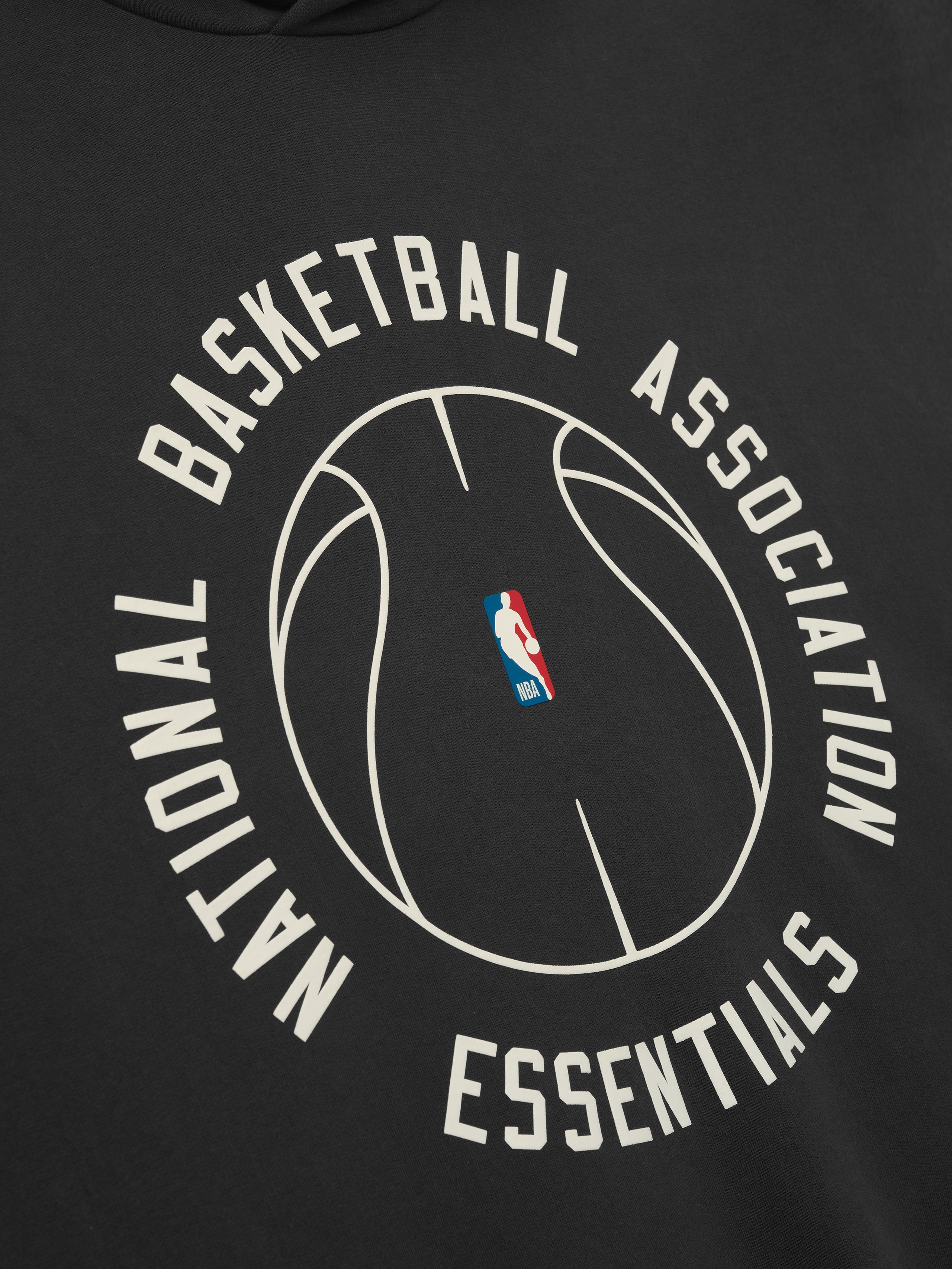 black hoodie with white outlined basketball and circular National Basketball Association Essentials text on front center