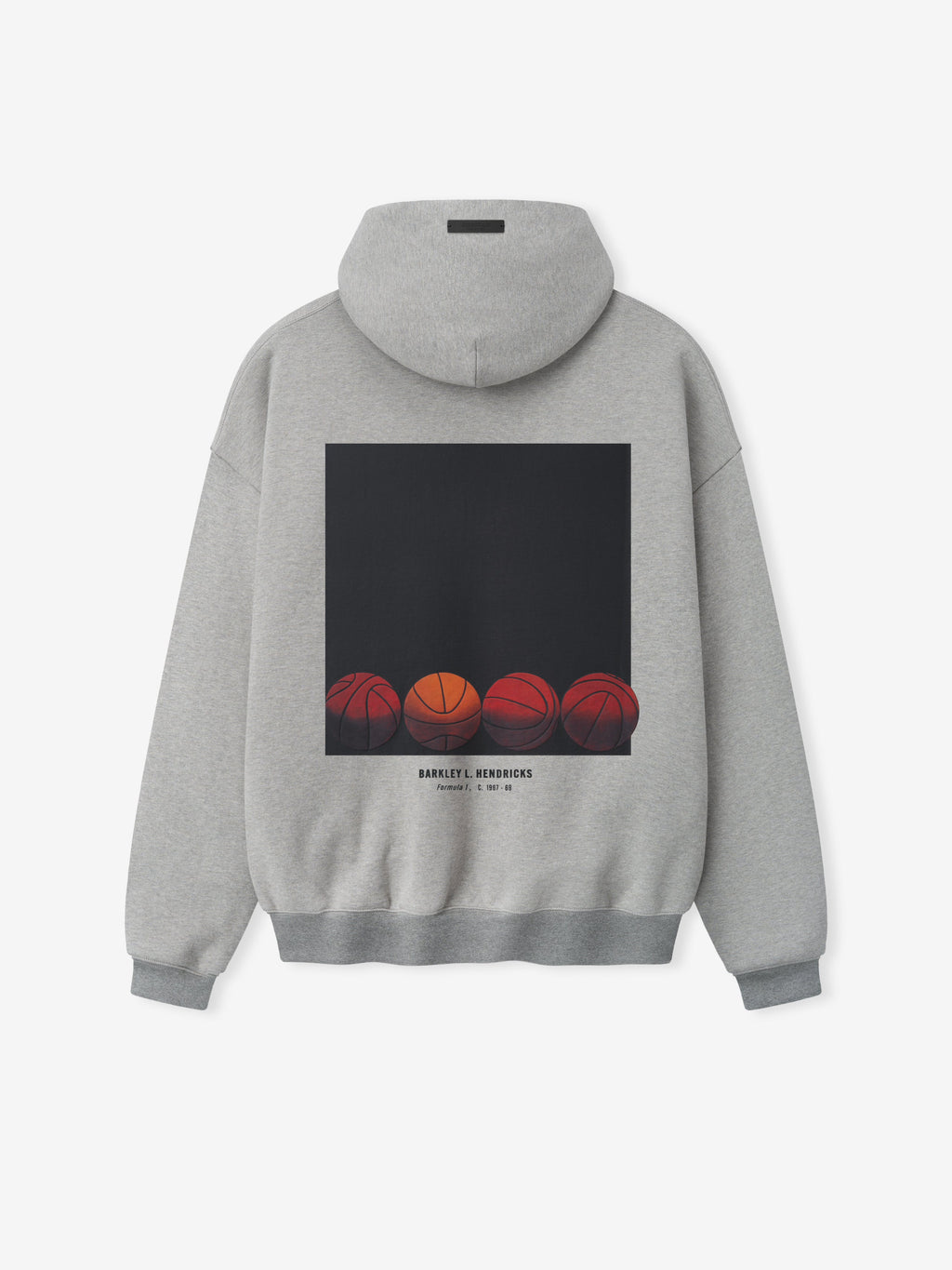light grey heavyweight hoodie with square black graphic and five basketballs in different shades on back with Barkley Hendricks text