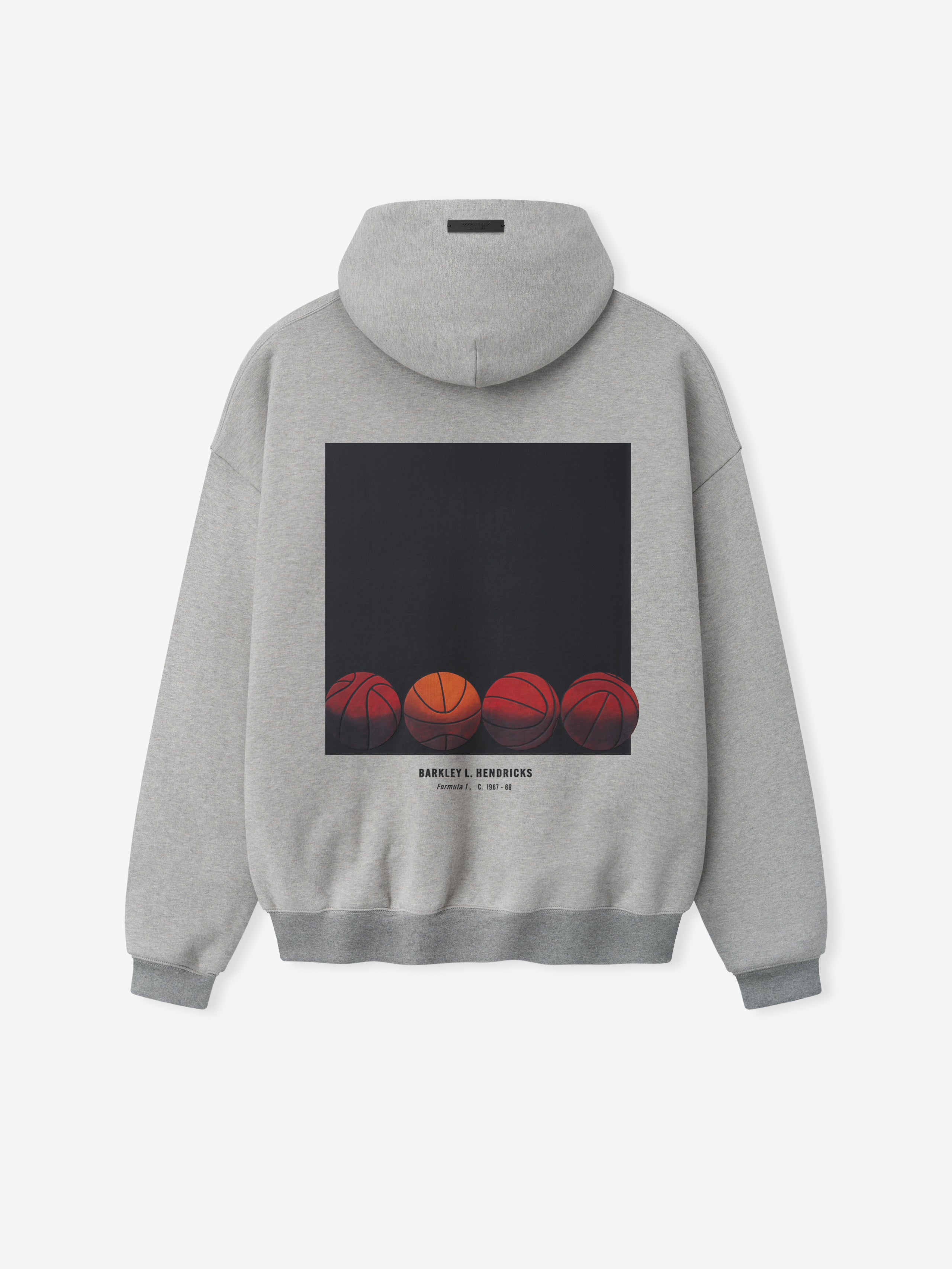 light grey heavyweight hoodie with square black graphic and five basketballs in different shades on back with Barkley Hendricks text