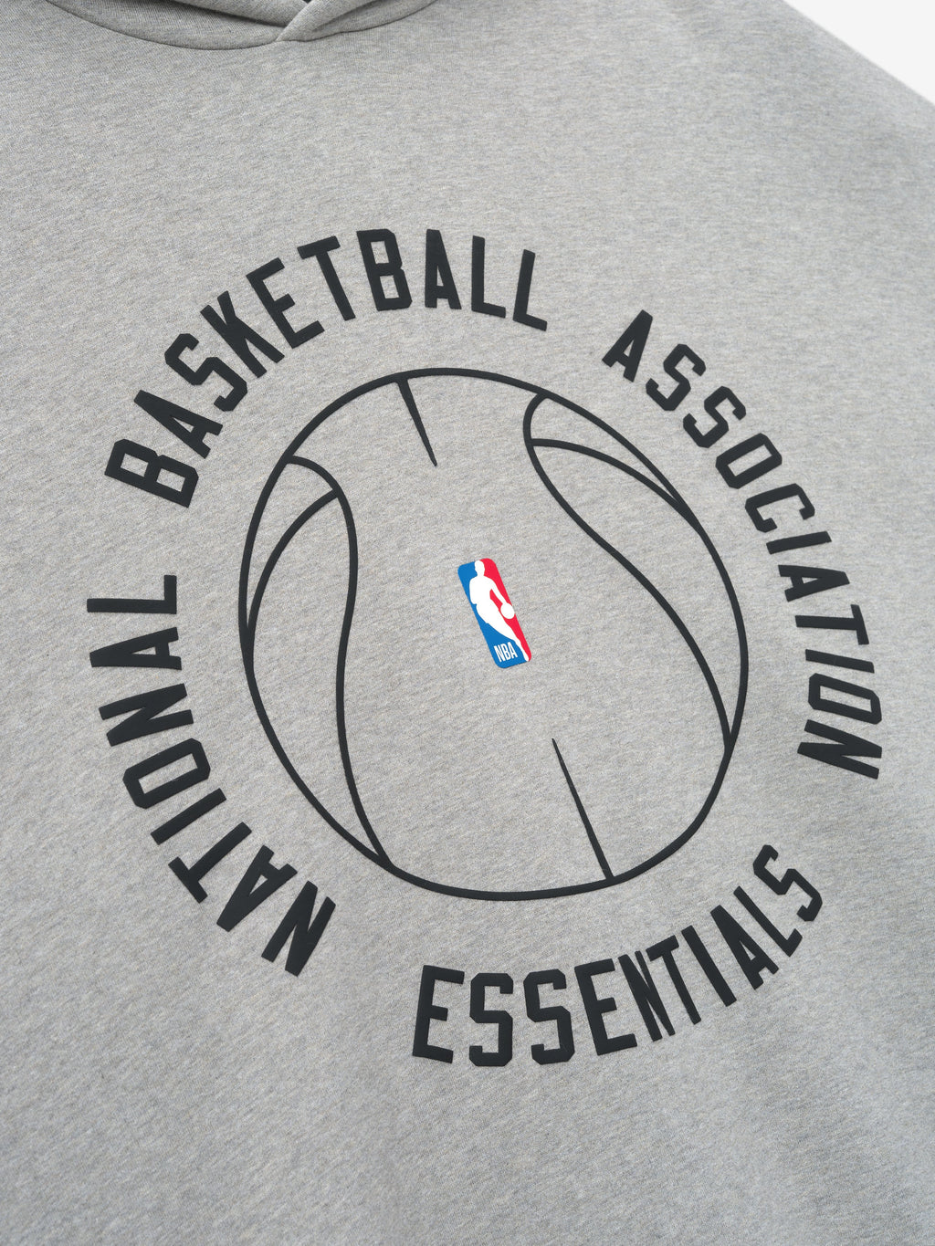 light grey heavyweight cotton fleece hoodie with circular NBA Essentials text and outlined basketball graphic on front