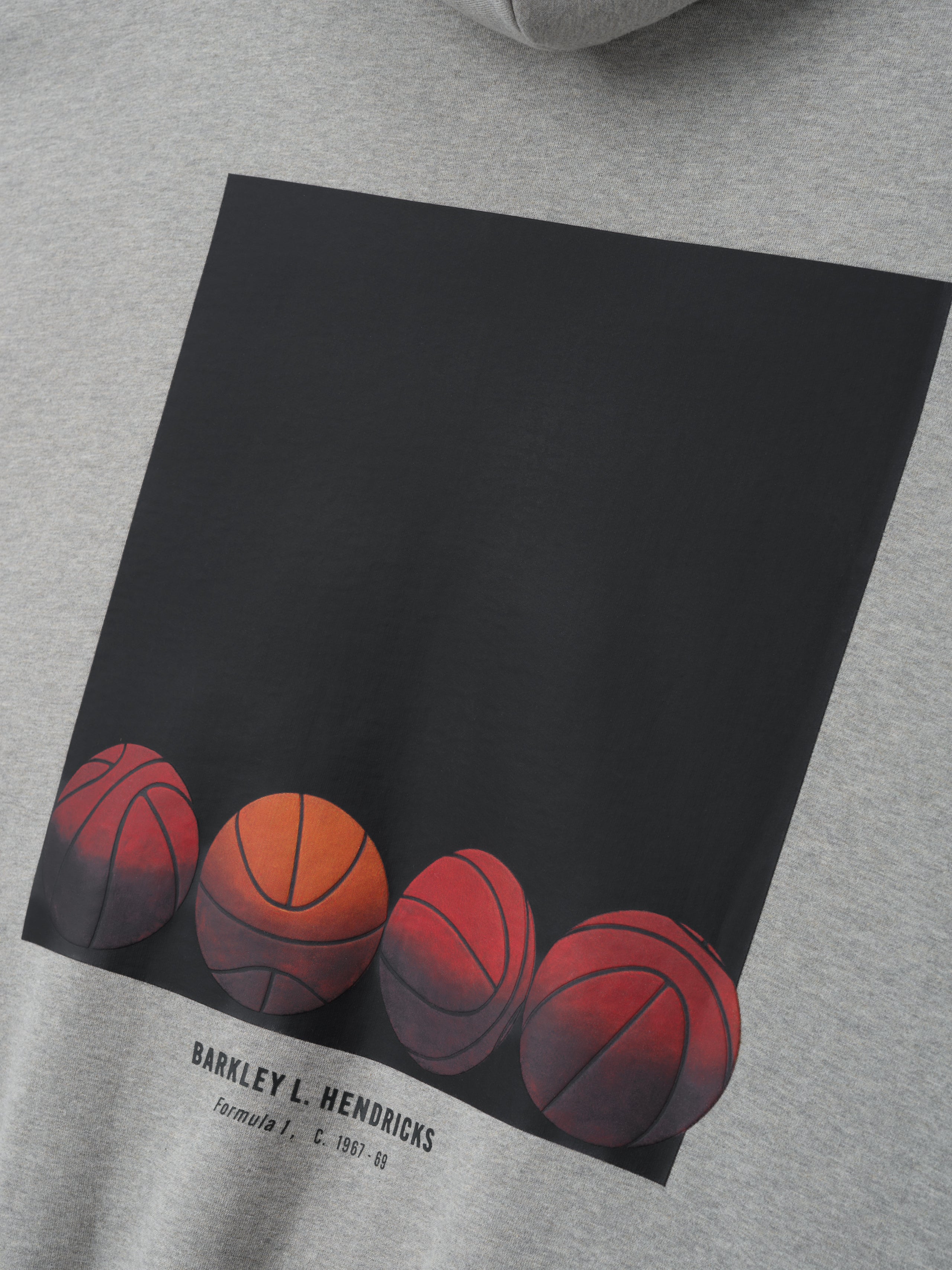 light grey heavyweight cotton fleece hoodie with graphic of four basketballs and Barkley L. Hendricks text on back