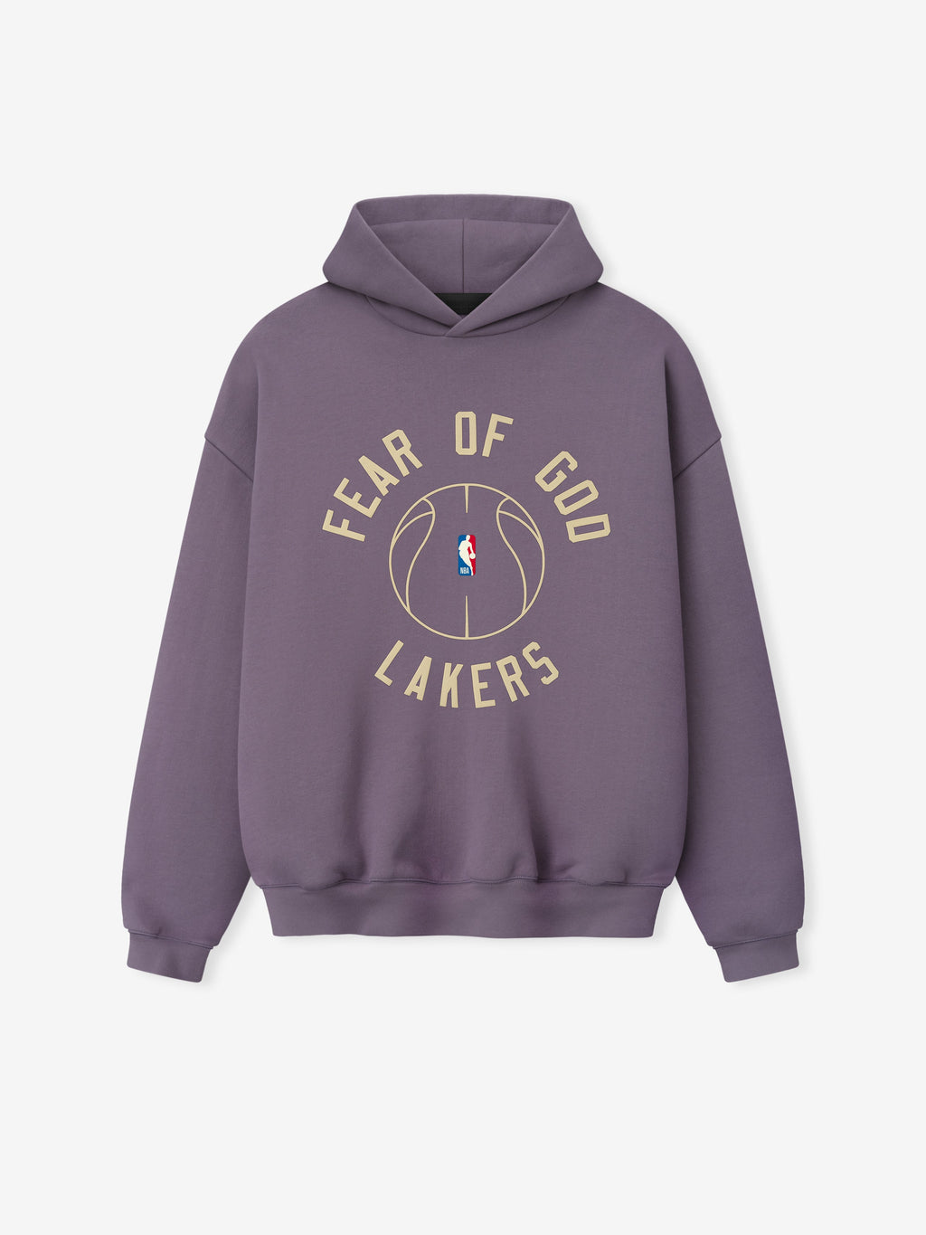 dusty purple heavyweight hoodie with puff-printed "FEAR OF GOD LAKERS" text and outlined basketball graphic on front center