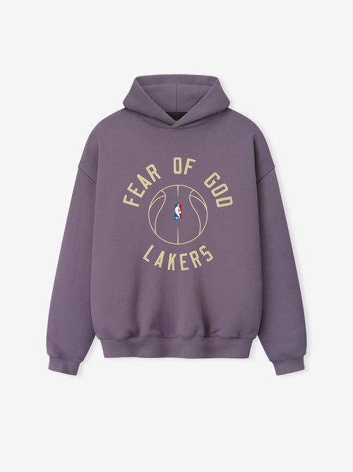 dusty purple heavyweight hoodie with puff-printed "FEAR OF GOD LAKERS" text and outlined basketball graphic on front center