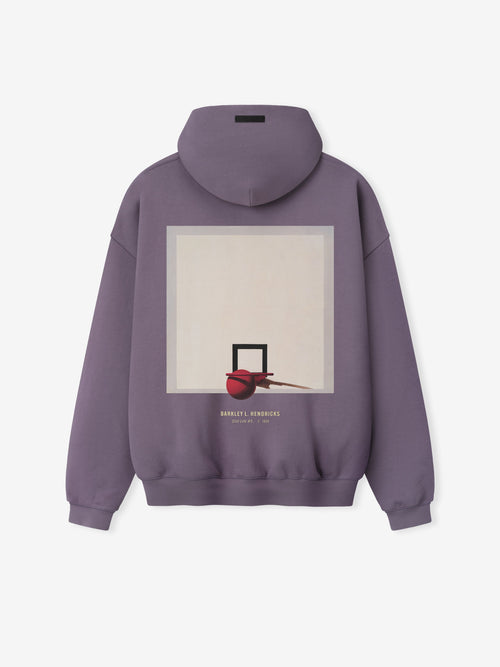 dusty purple heavyweight hoodie with minimalist basketball hoop and ball artwork and Barkley Hendricks text on back center
