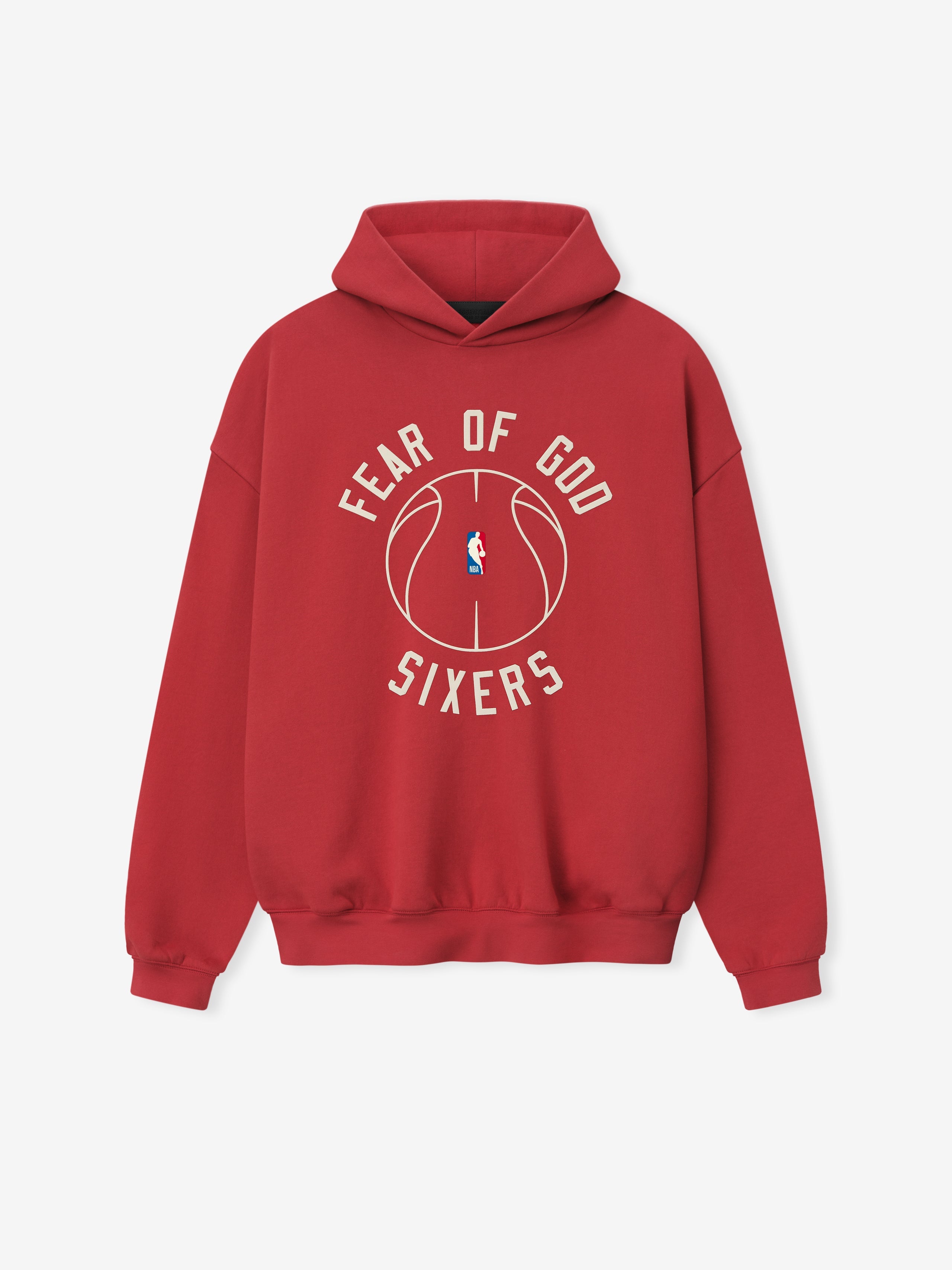 red heavyweight cotton hoodie with puff-printed Fear of God Sixers text and outlined basketball graphic on front center
