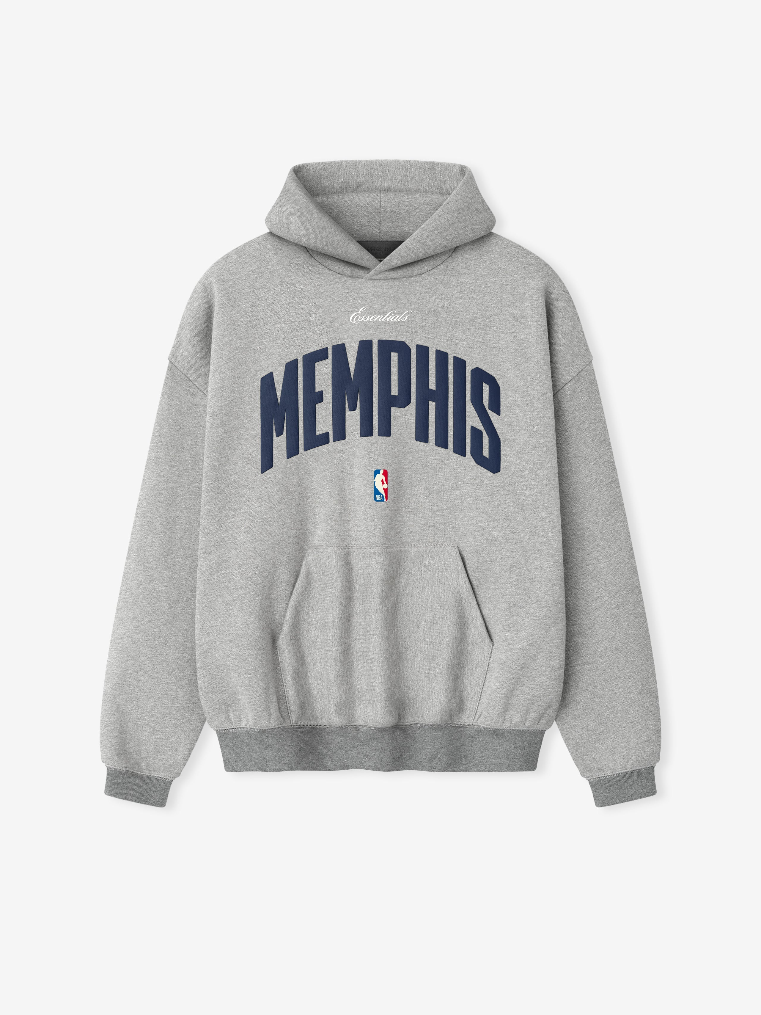Front view of concrete heather Memphis Grizzlies 90'S Hoodie with navy Memphis text and small NBA logo, gallery 0.