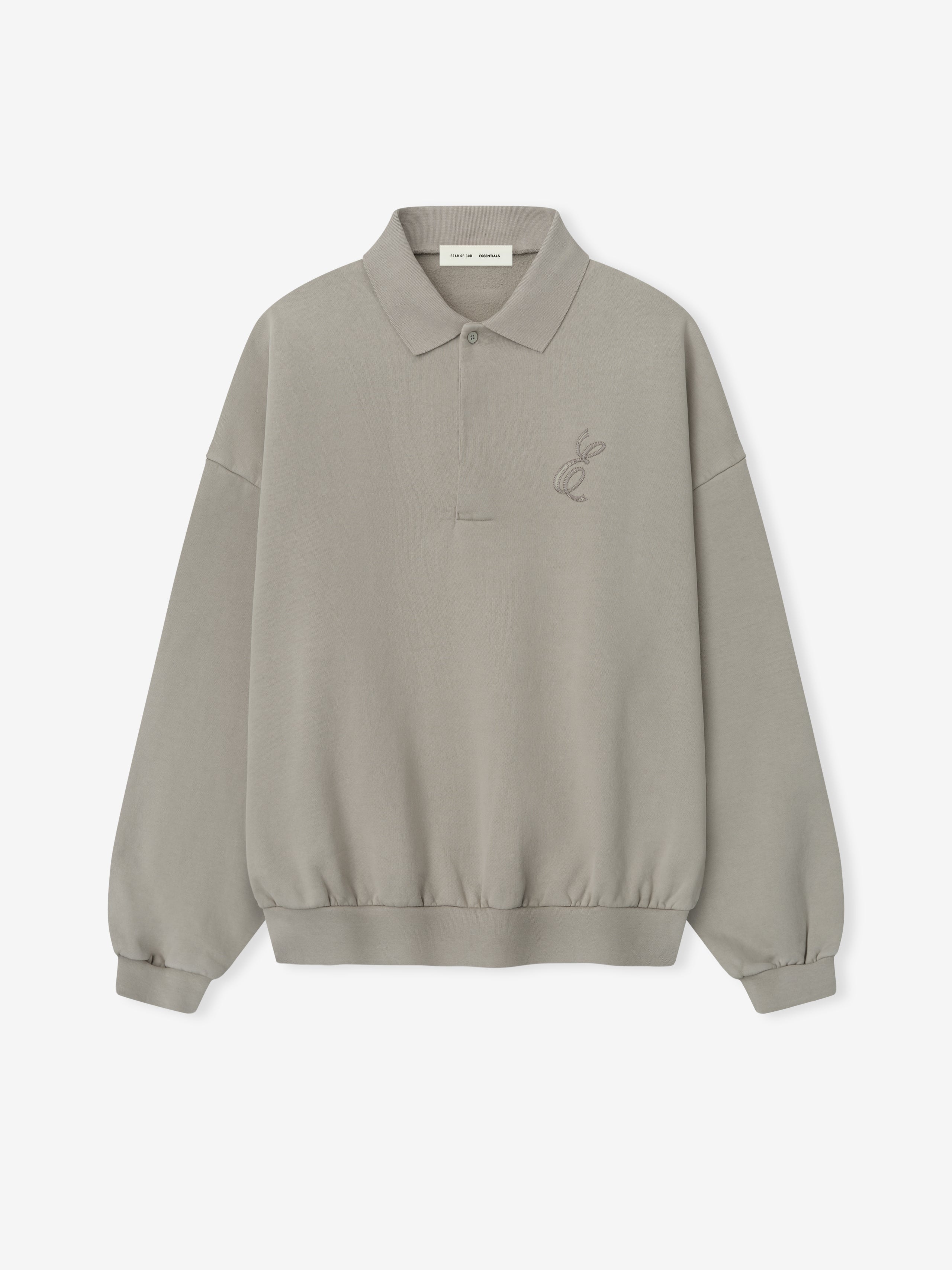 Front view of smoke grey classic polo sweatshirt with subtle embroidered logo on chest and ribbed hem and cuffs
