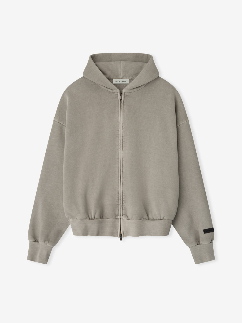Front view of smoke grey Classic Full Zip Hoodie with hood down, relaxed fit, and minimal detailing on cuffs and hem