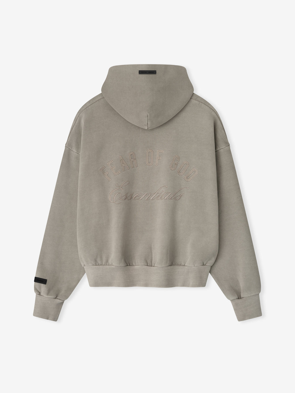 Back view of smoke grey Embroidered Classic Full Zip Hoodie with tonal Fear of God Essentials embroidered branding and hood visible
