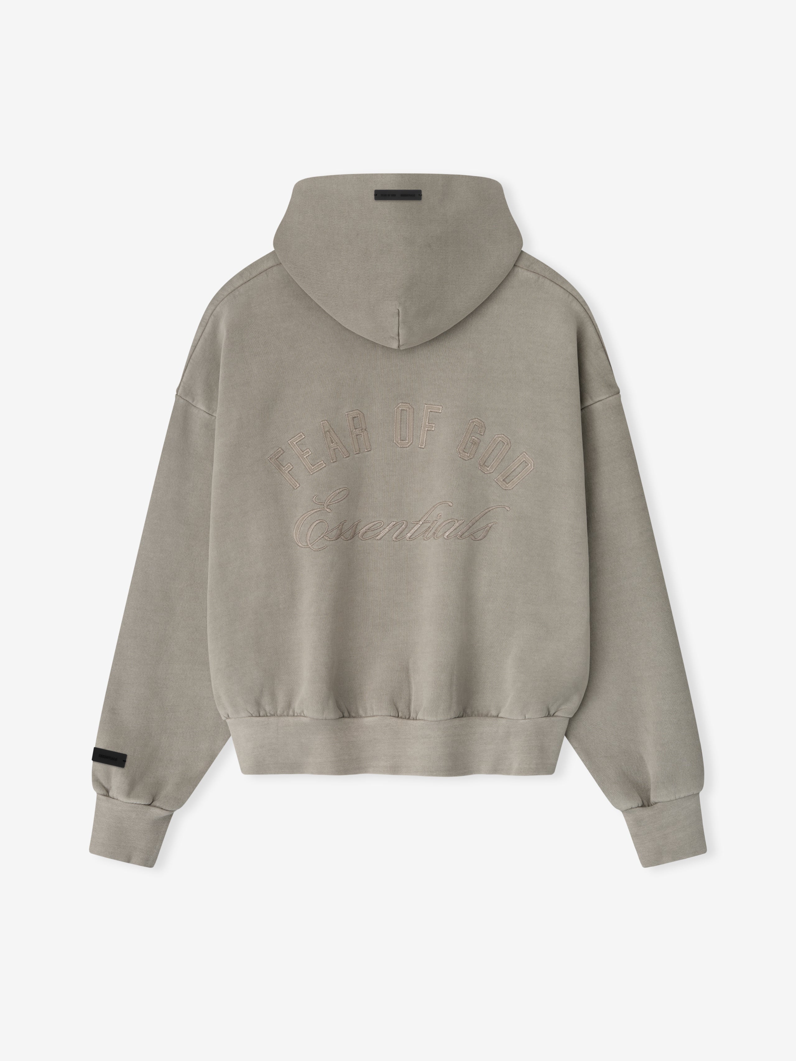 Back view of smoke grey Embroidered Classic Full Zip Hoodie with tonal Fear of God Essentials embroidered branding and hood visible