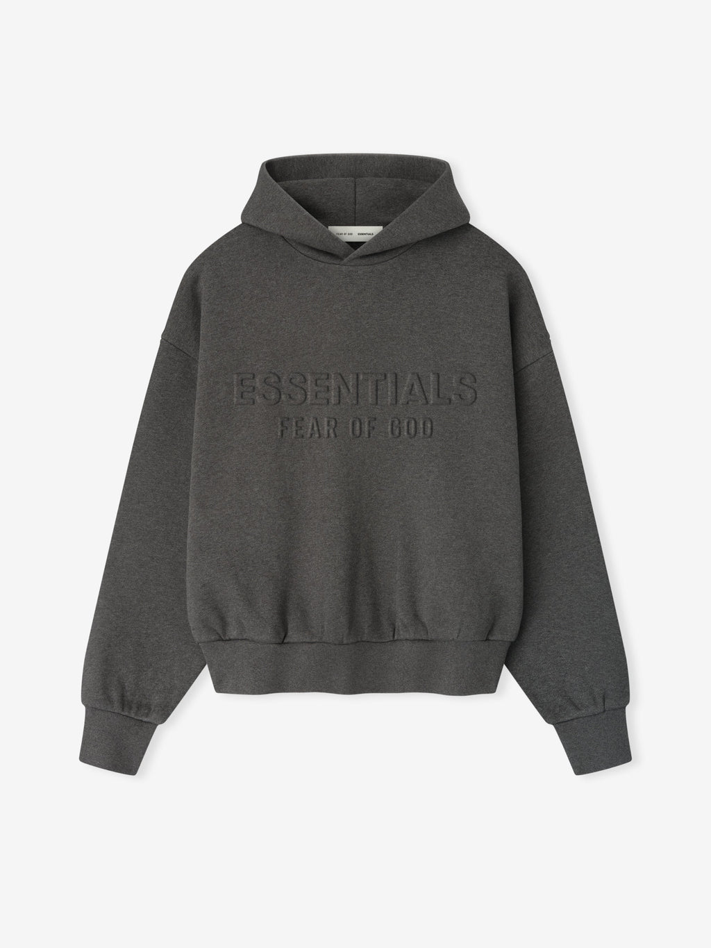 Front view of charcoal heather Embossed Essentials Classic Hoodie with raised ESSENTIALS Fear of God logo on chest, flat lay