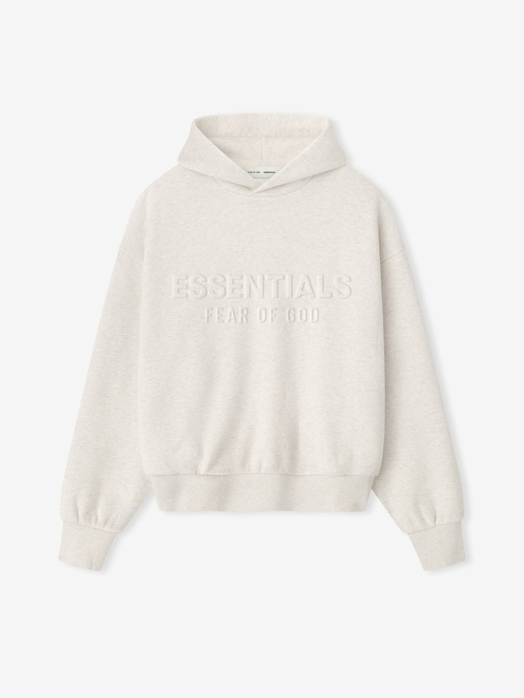 Front view of oatmeal heather Embossed Essentials Classic Hoodie with raised Fear of God logo centered on chest