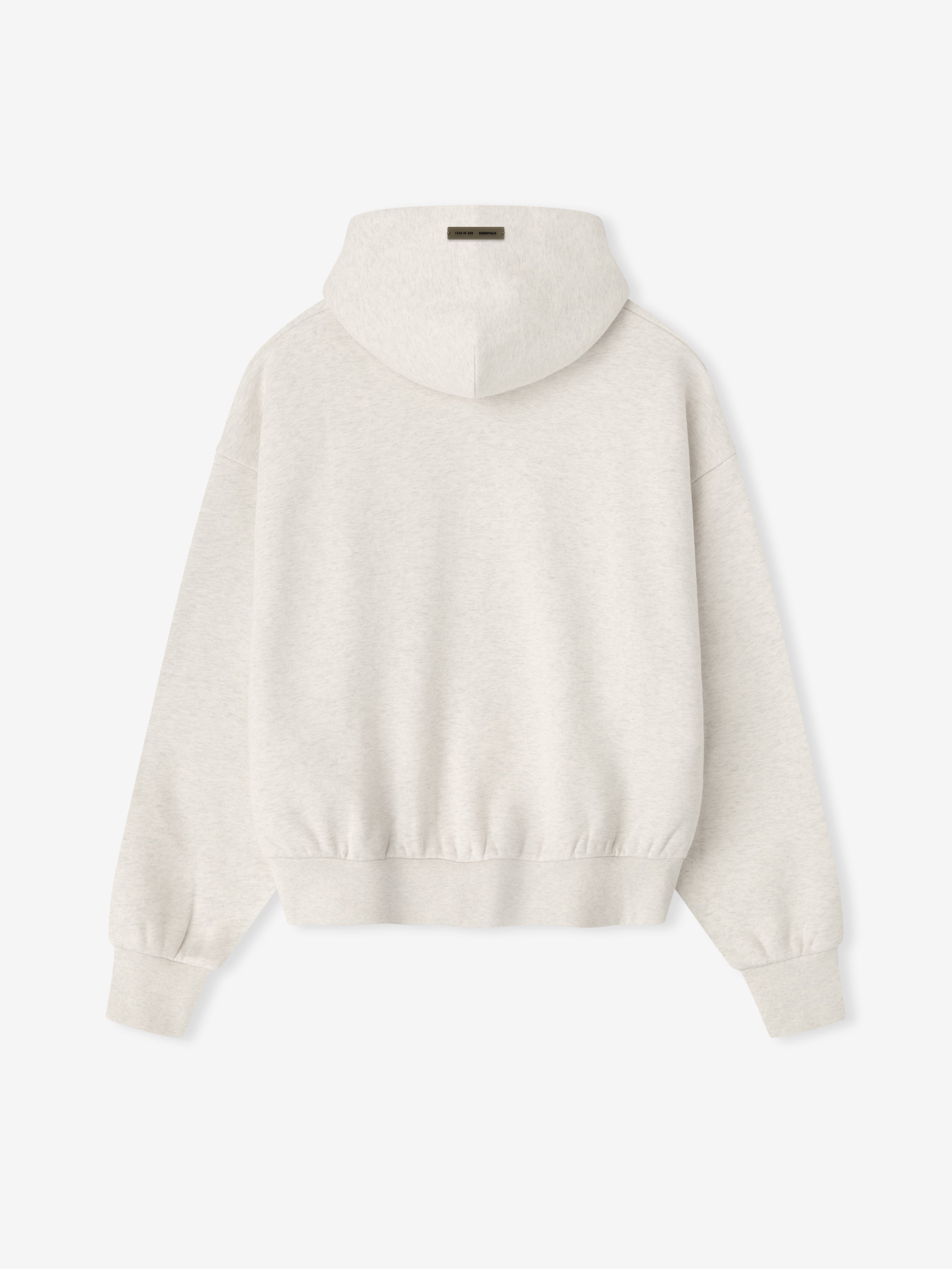 Back view of oatmeal heather Embossed Essentials Classic Hoodie showing hood and ribbed hem details, flat lay shot